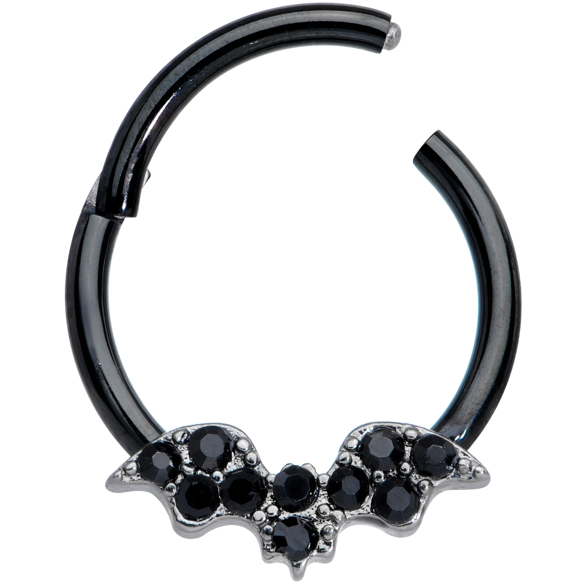 16G 3/8 Black Gem Black Plated Bat Hinged Segment Ring - Image 3