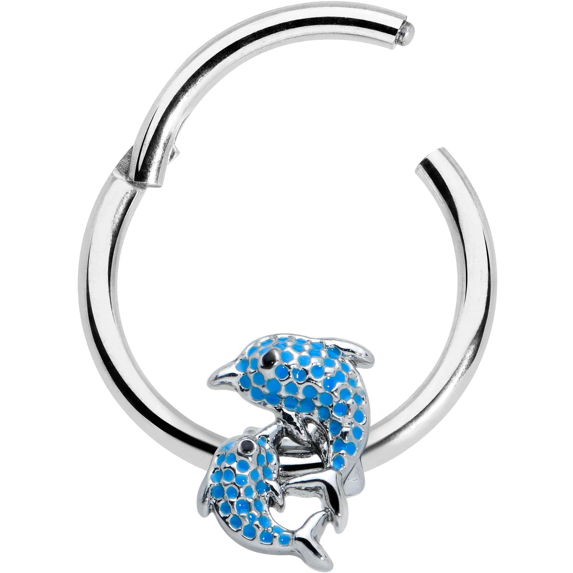 16G 3/8 Black Gem Blue Leaping Dolphins Hinged Segment Ring - Image 2
