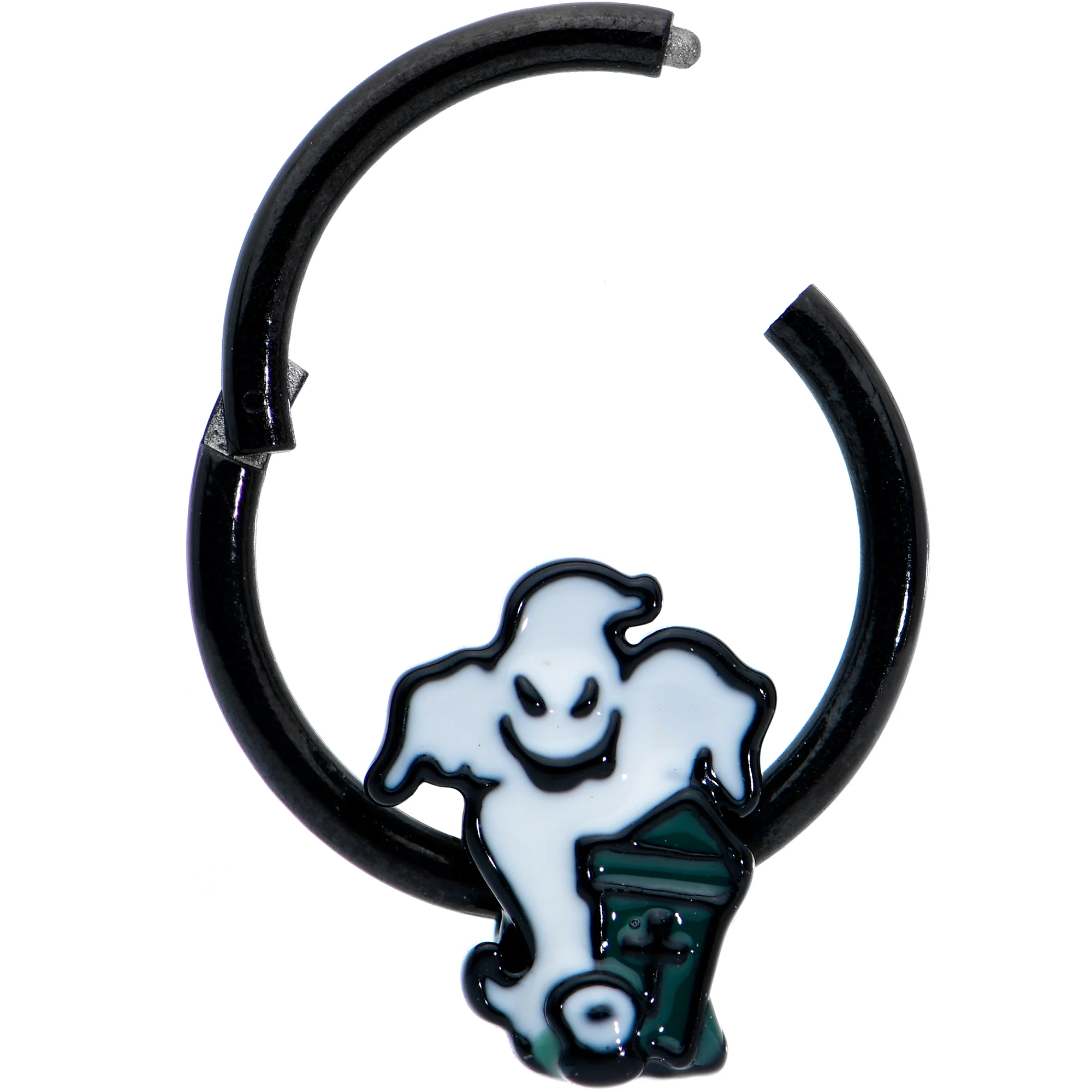 16G 3/8 Black Graveyard Ghost Halloween Hinged Segment Ring - Image 2