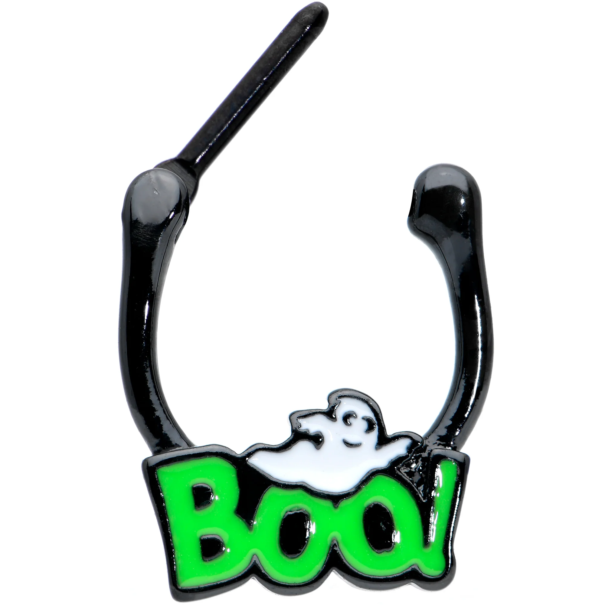 16G 3/8 Black Green Boo Ghost Halloween Cartilage Clicker Ring - Image 2