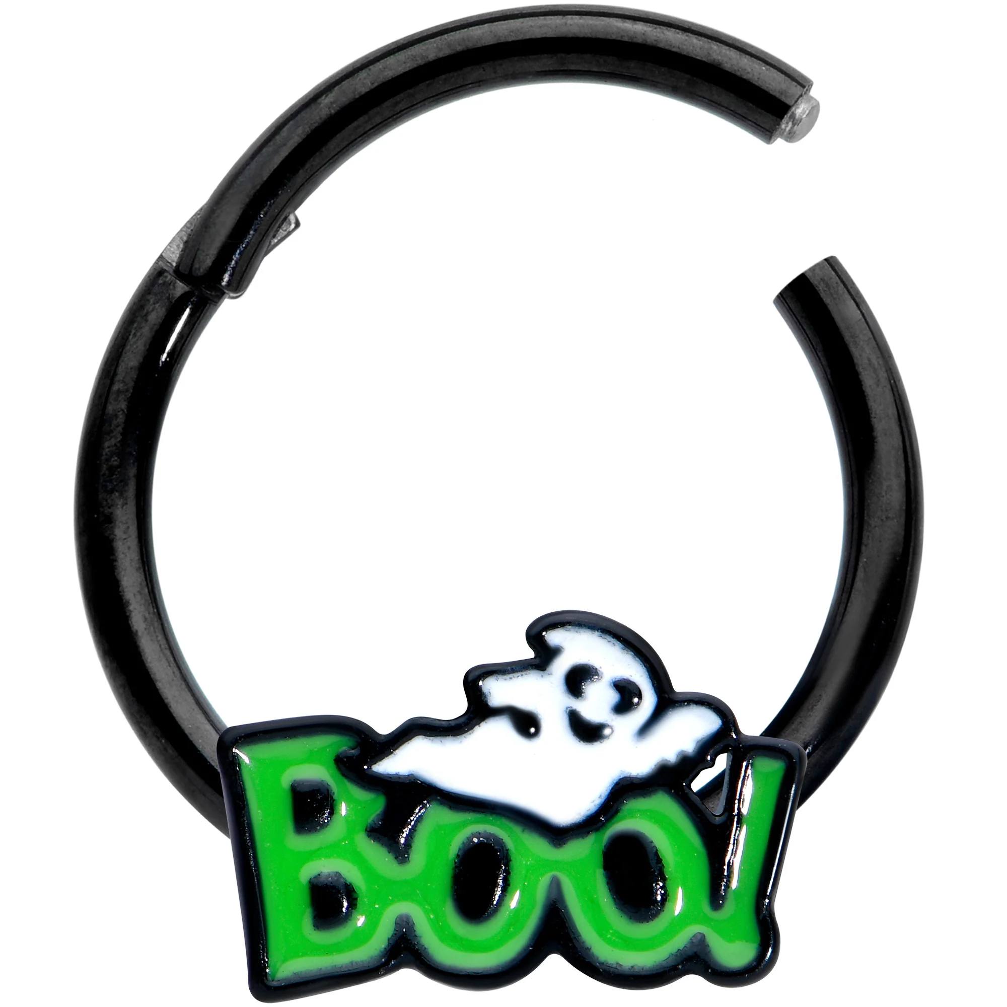 16G 3/8 Black Green Boo Ghost Halloween Hinged Segment Ring - Image 2
