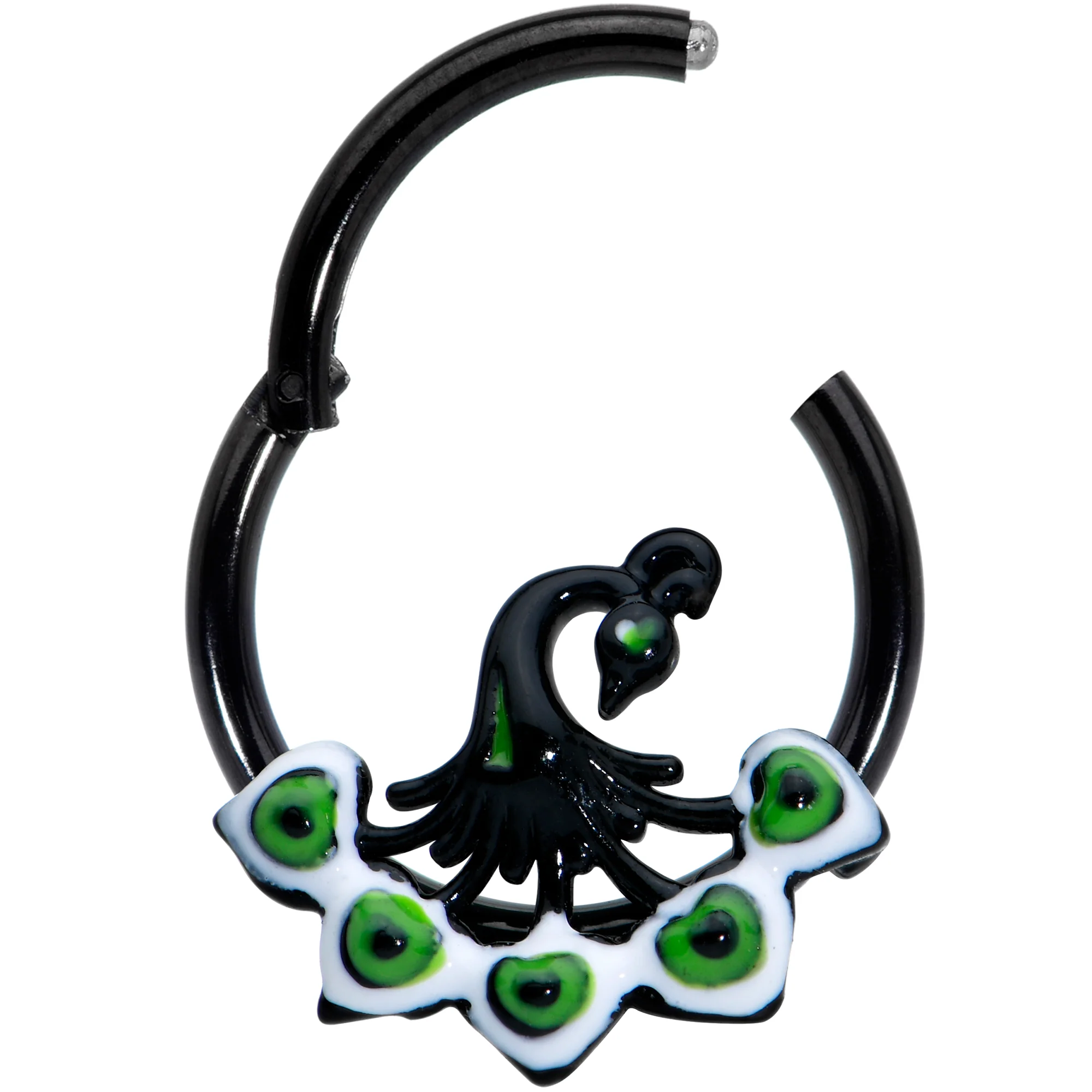 16G 3/8 Black Green Perfect Peacock Hinged Segment Ring - Image 2