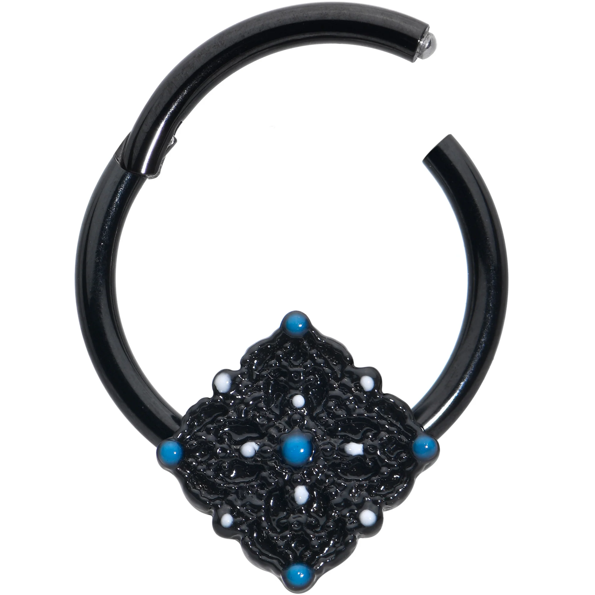 16G 3/8 Black Lacy Rhombus Blue Hinged Segment Ring - Image 2