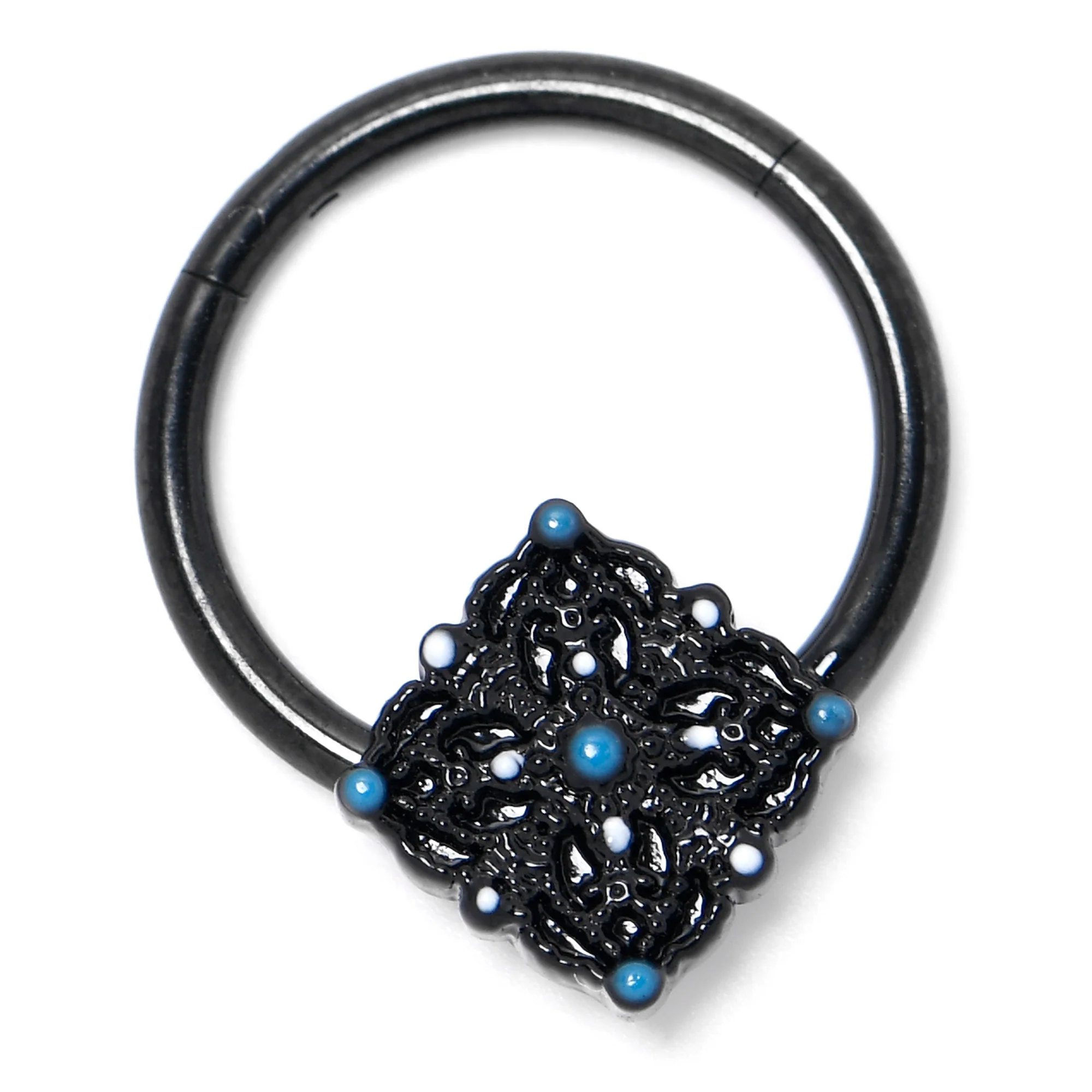 16G 3/8 Black Lacy Rhombus Blue Hinged Segment Ring - Image 4