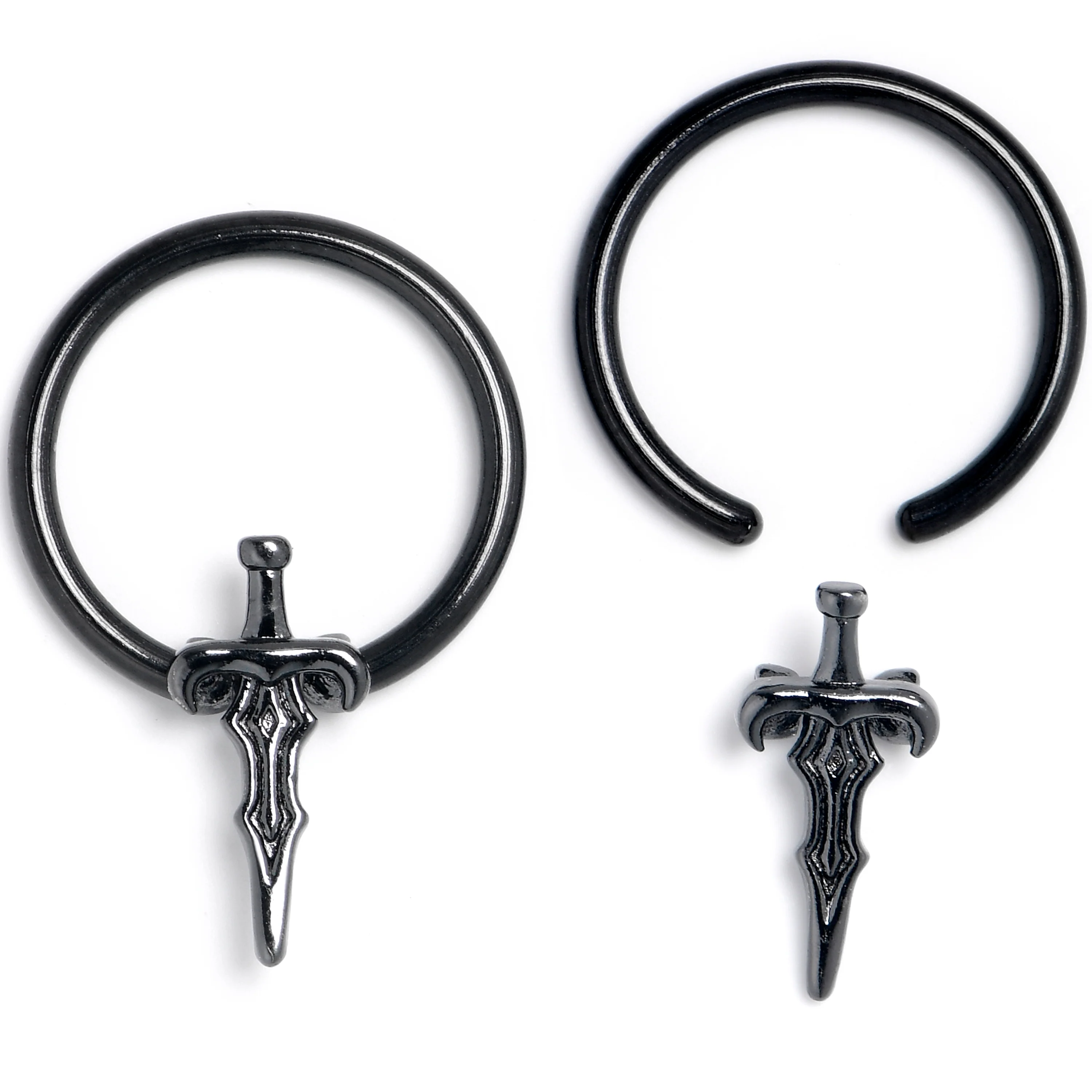 16G 3/8 Black Medieval Sword BCR Captive Ring Set of 4 - Image 2