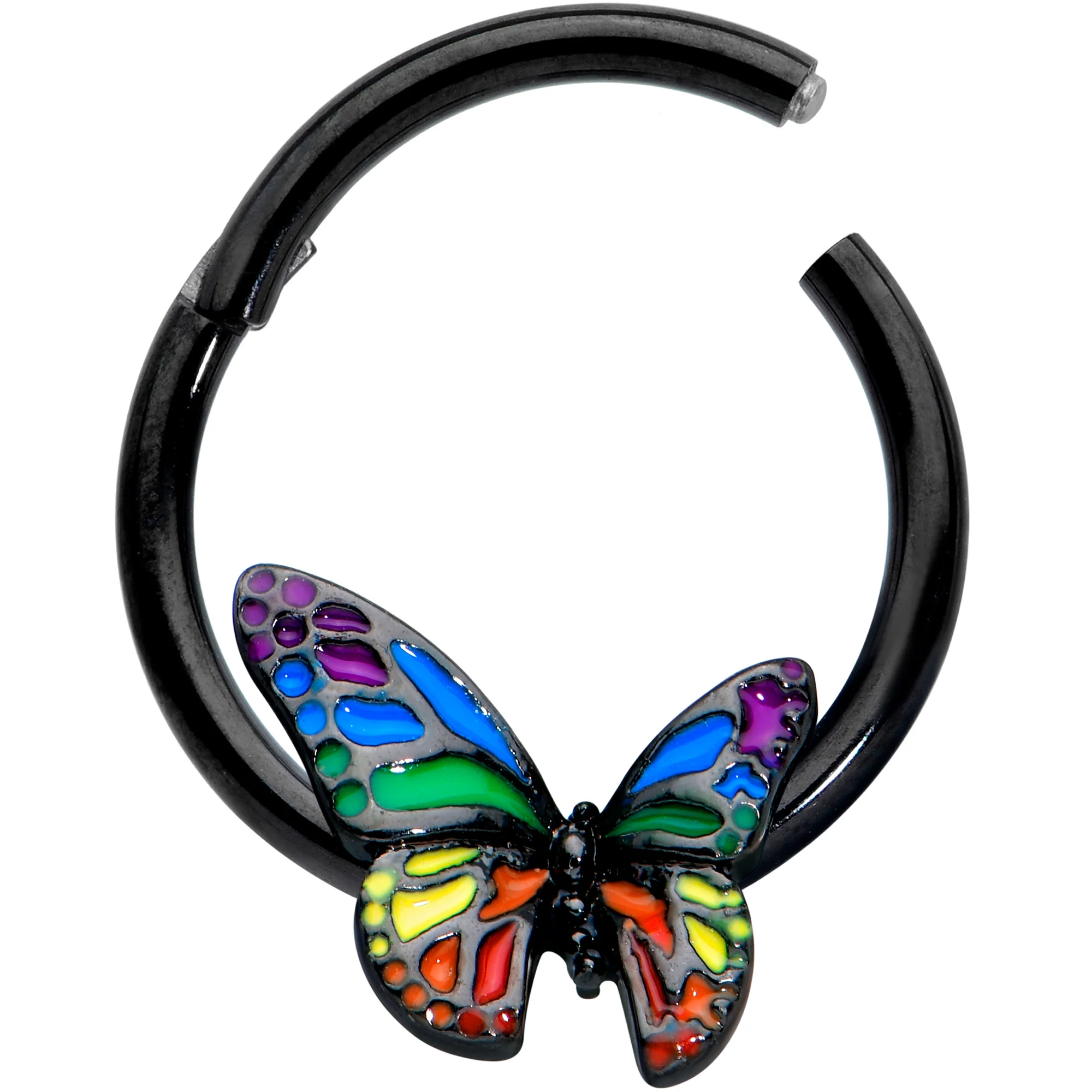 16G 3/8 Black Rainbow Pride Butterfly Hinged Segment Ring - Image 2