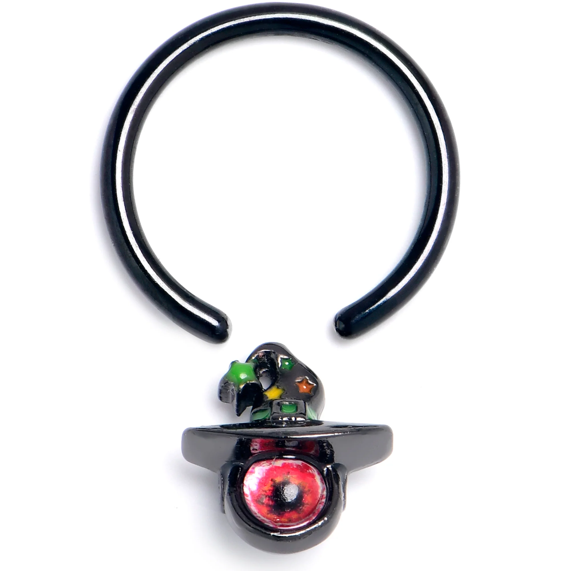 16G 3/8 Black Red Eye Witch Hat Captive Ring - Image 2