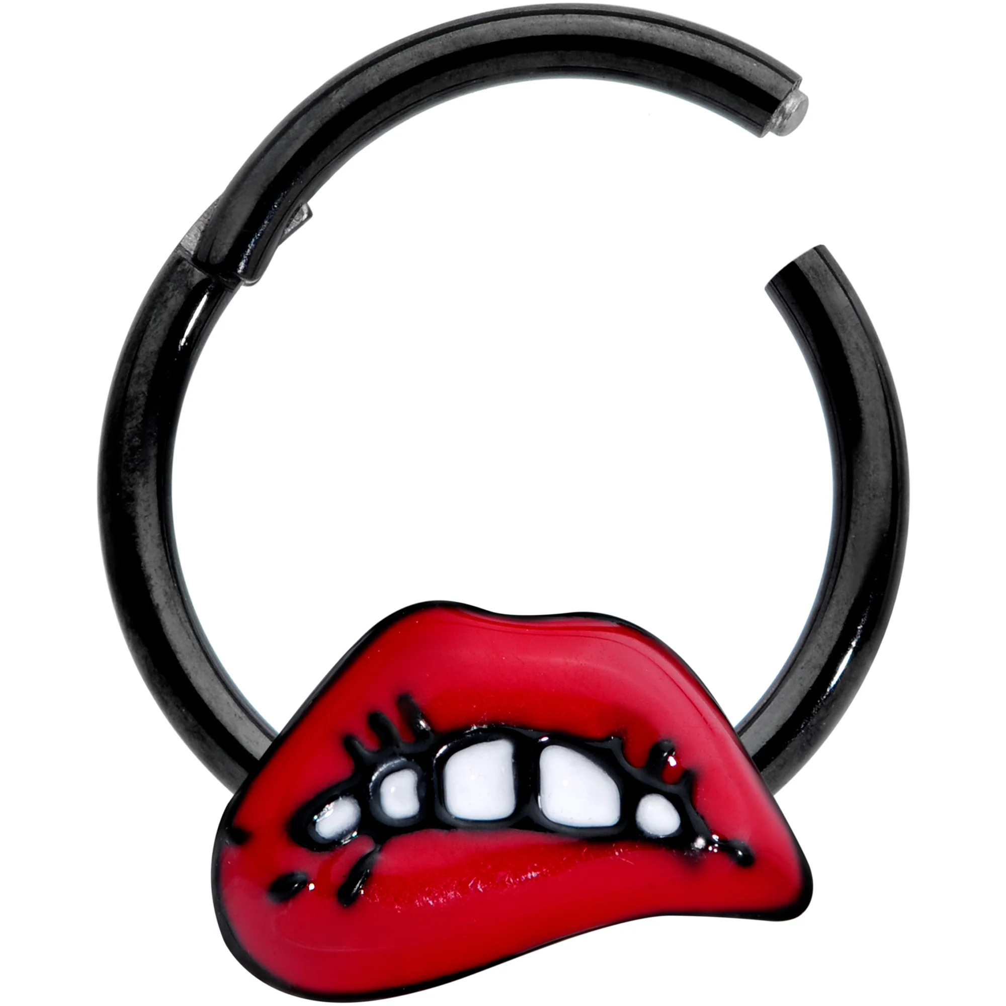 16G 3/8 Black Red Sneering Lips Bite Lips Hinged Segment Ring - Image 2