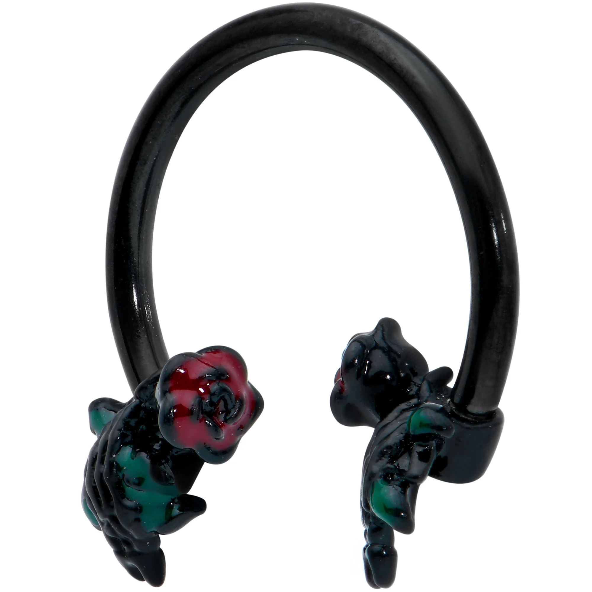 16G 3/8 Black Skeleton Flower Halloween Horseshoe Circular Barbell - Image 2