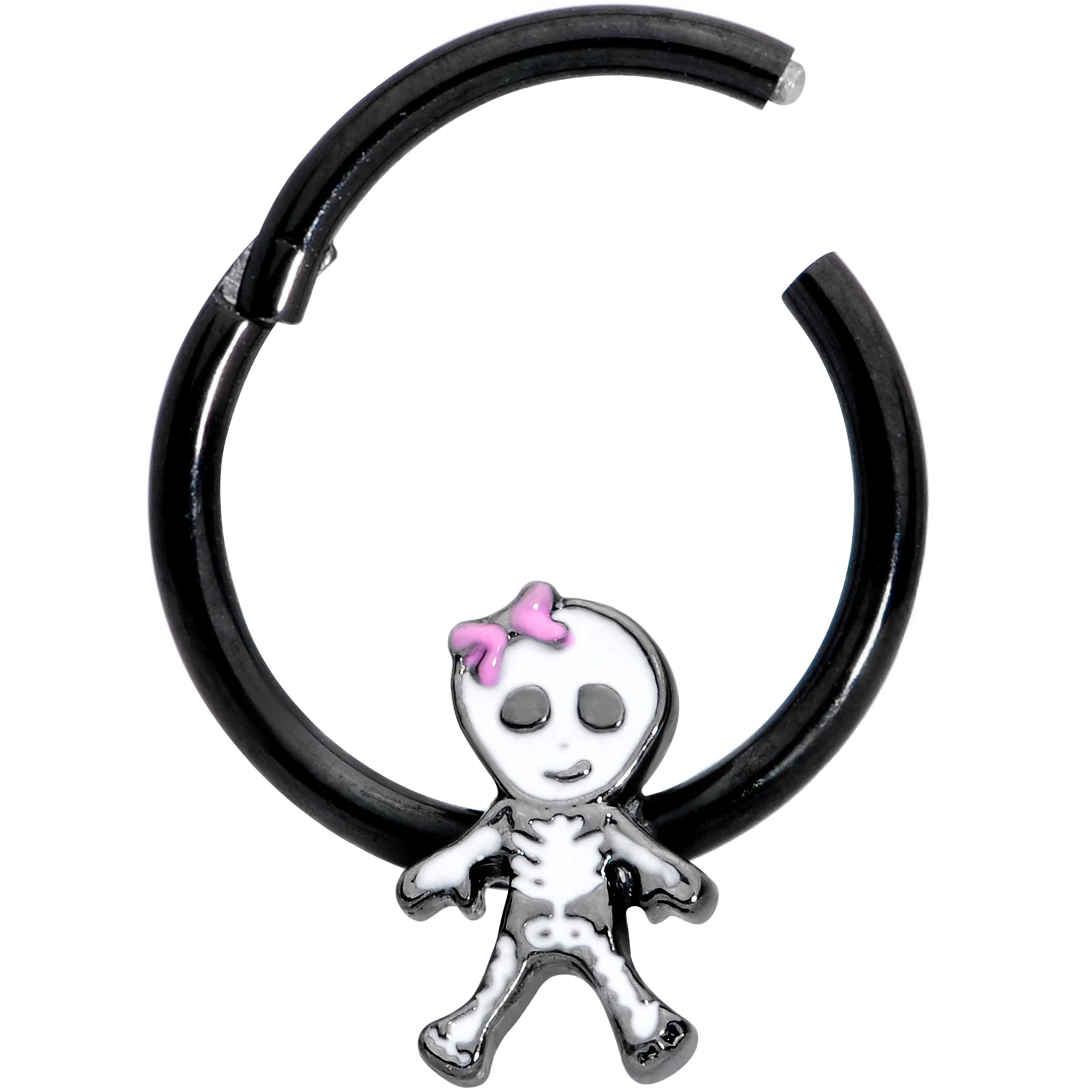 16G 3/8 Black Skeleton Girl Halloween Hinged Segment Ring - Image 2