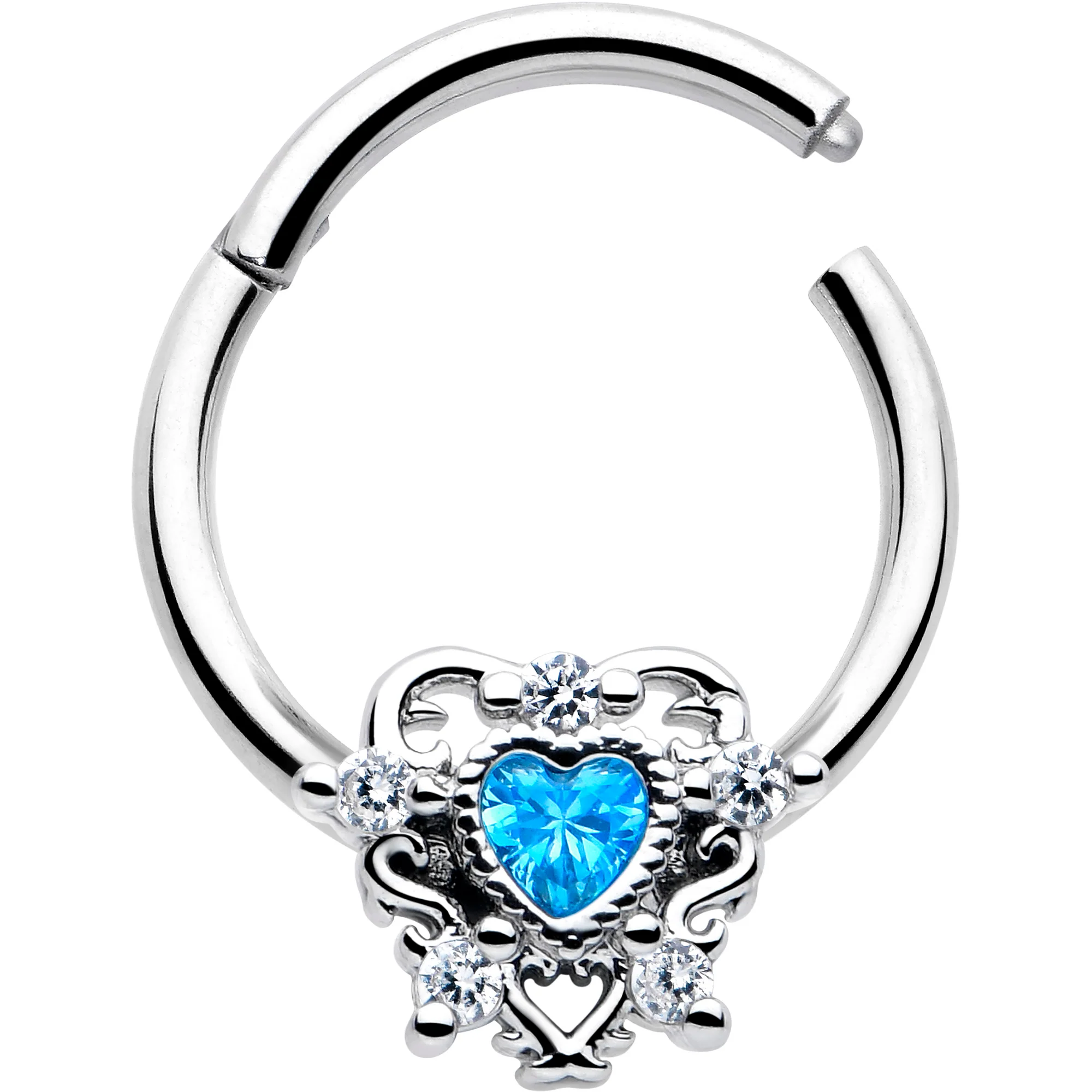 16G 3/8 Blue Clear CZ Gem Heart Pair Hinged Segment Ring - Image 2