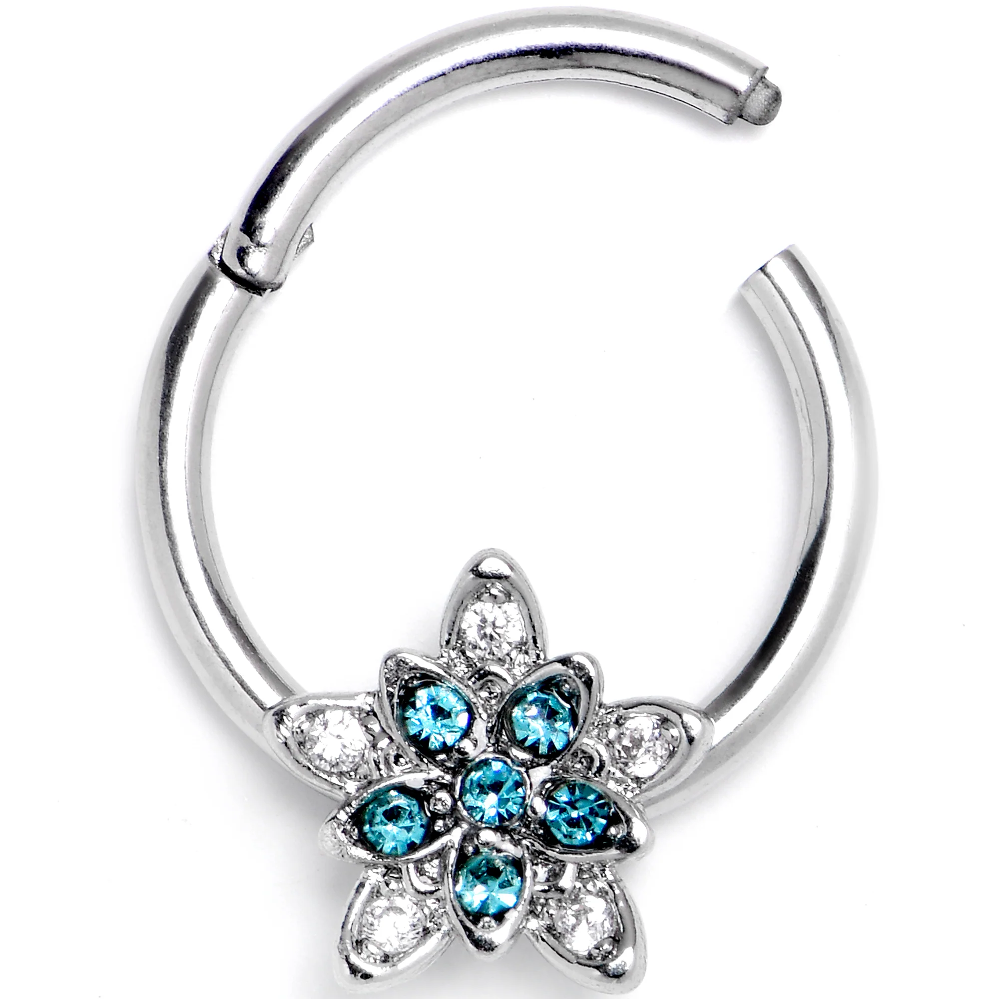 16G 3/8 Blue Clear CZ Gem Snowflake Flower Hinged Segment Ring - Image 2
