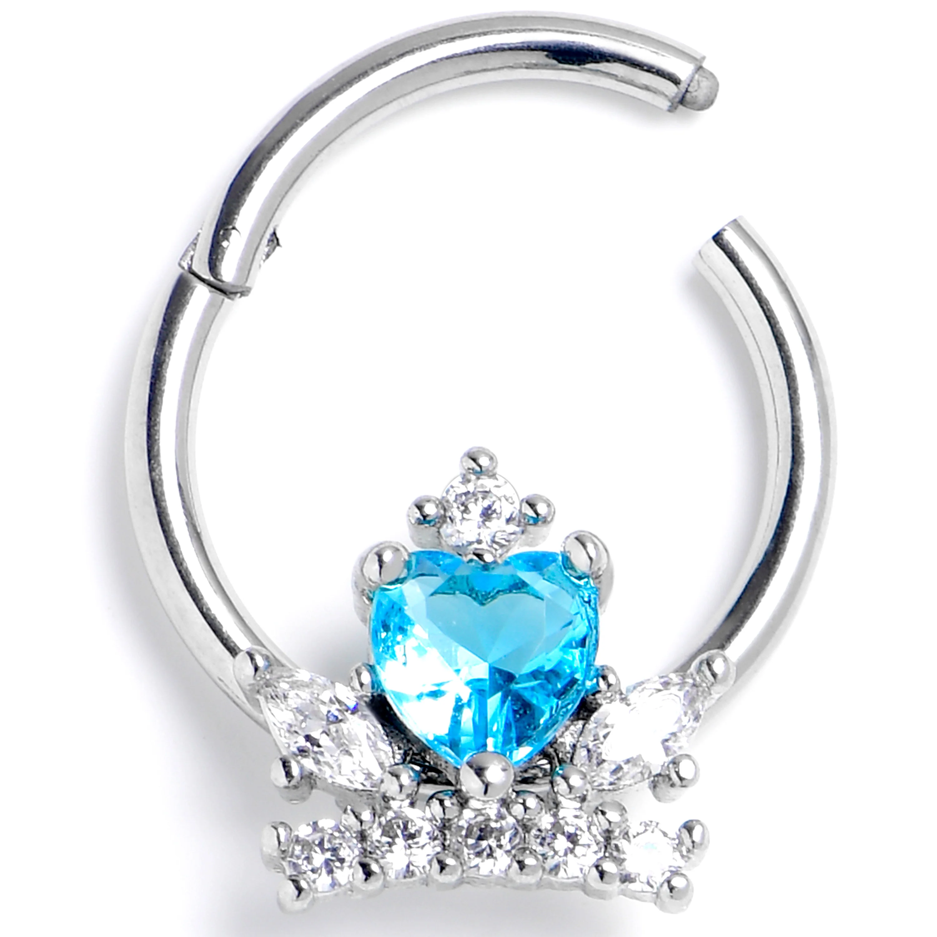 16G 3/8 Blue Clear Gem Heart Crown Hinged Segment Ring