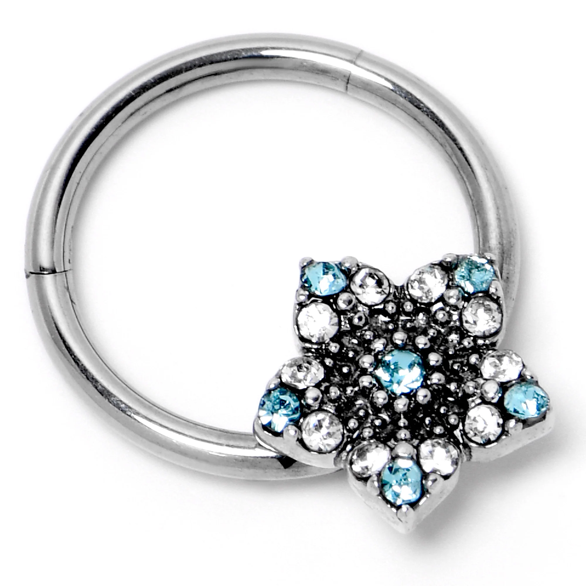 16G 3/8 Blue Clear Gem Opulent Flower Hinged Segment Ring - Image 4