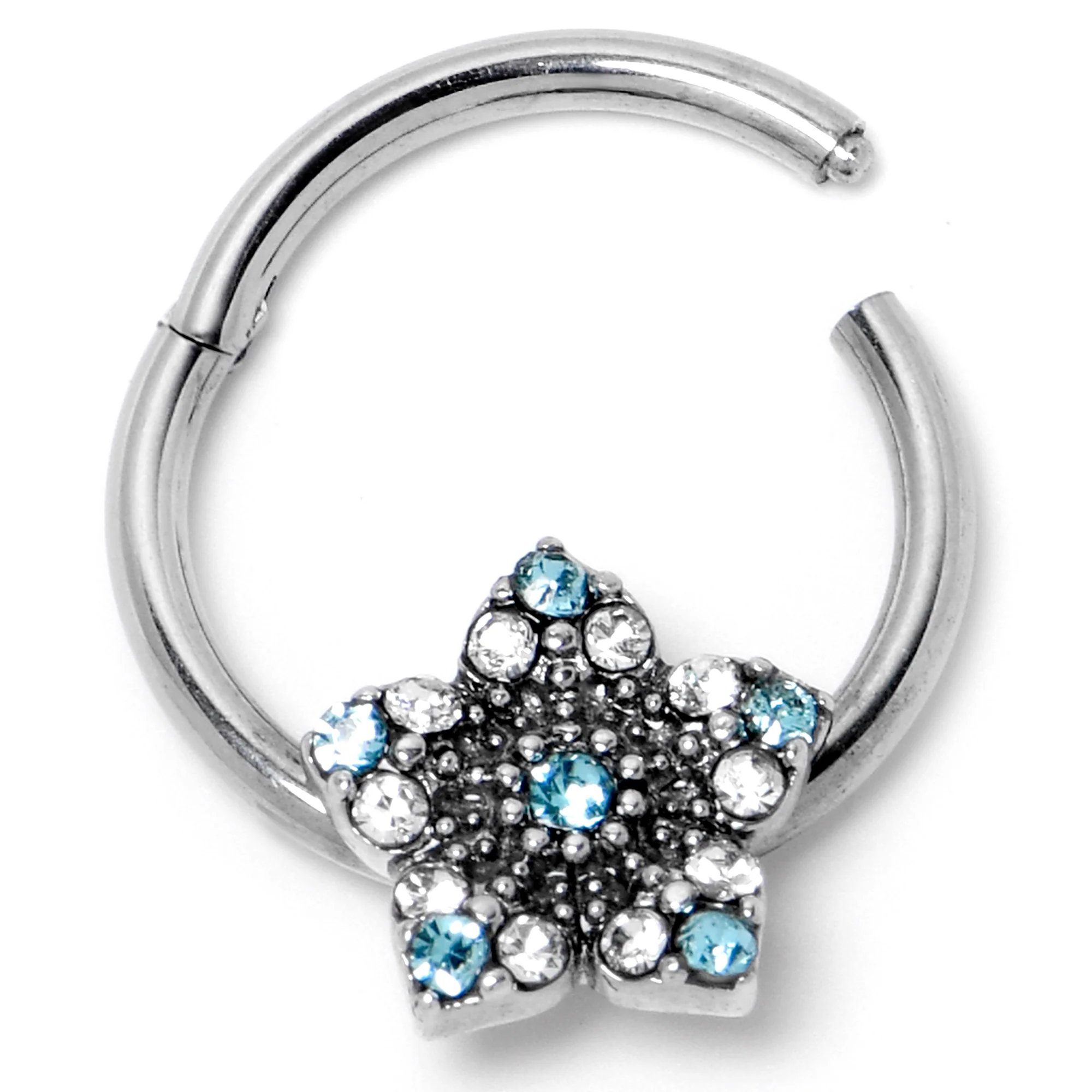 16G 3/8 Blue Clear Gem Opulent Flower Hinged Segment Ring - Image 5