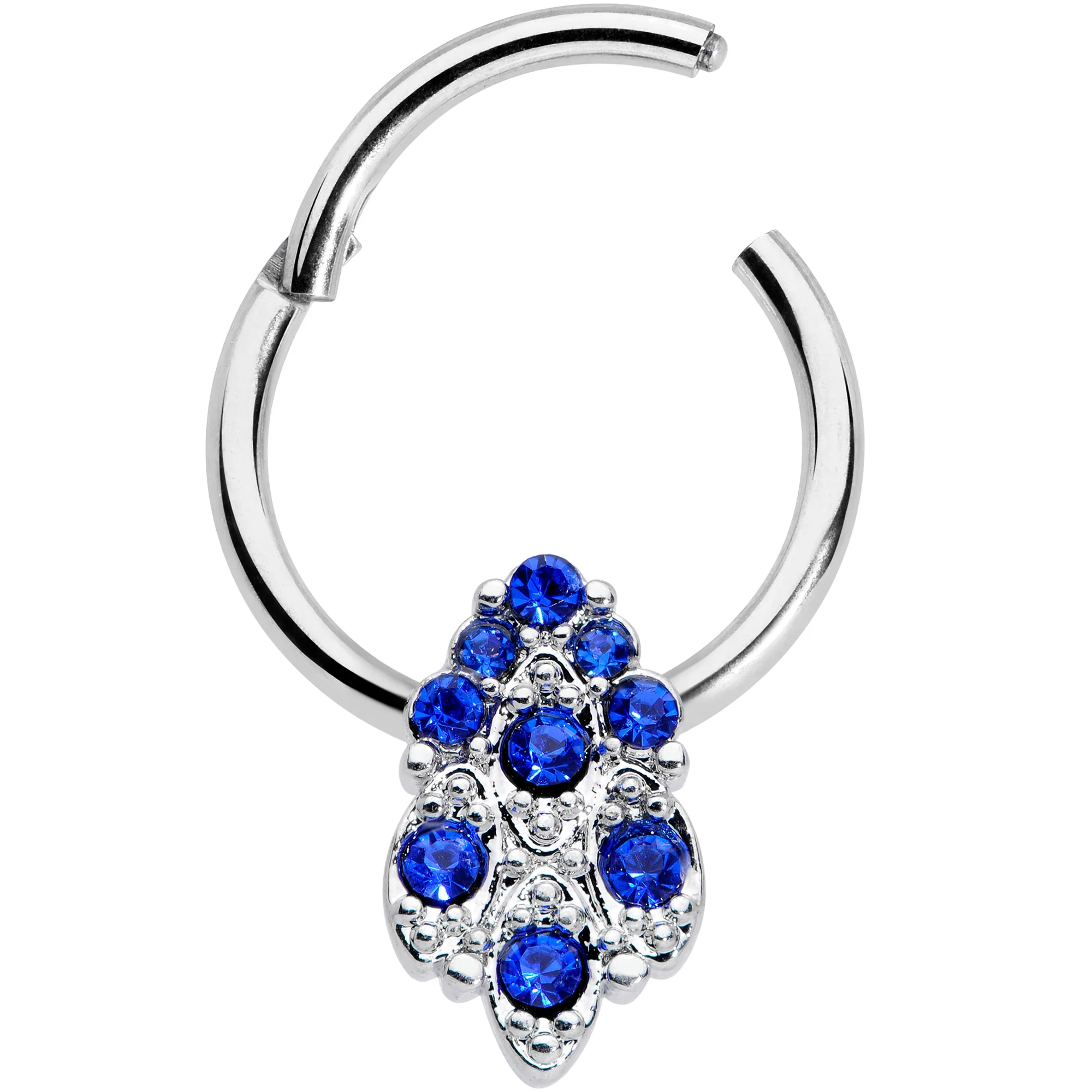 16G 3/8 Blue CZ Gem Chandelier Hinged Segment Ring - Image 2
