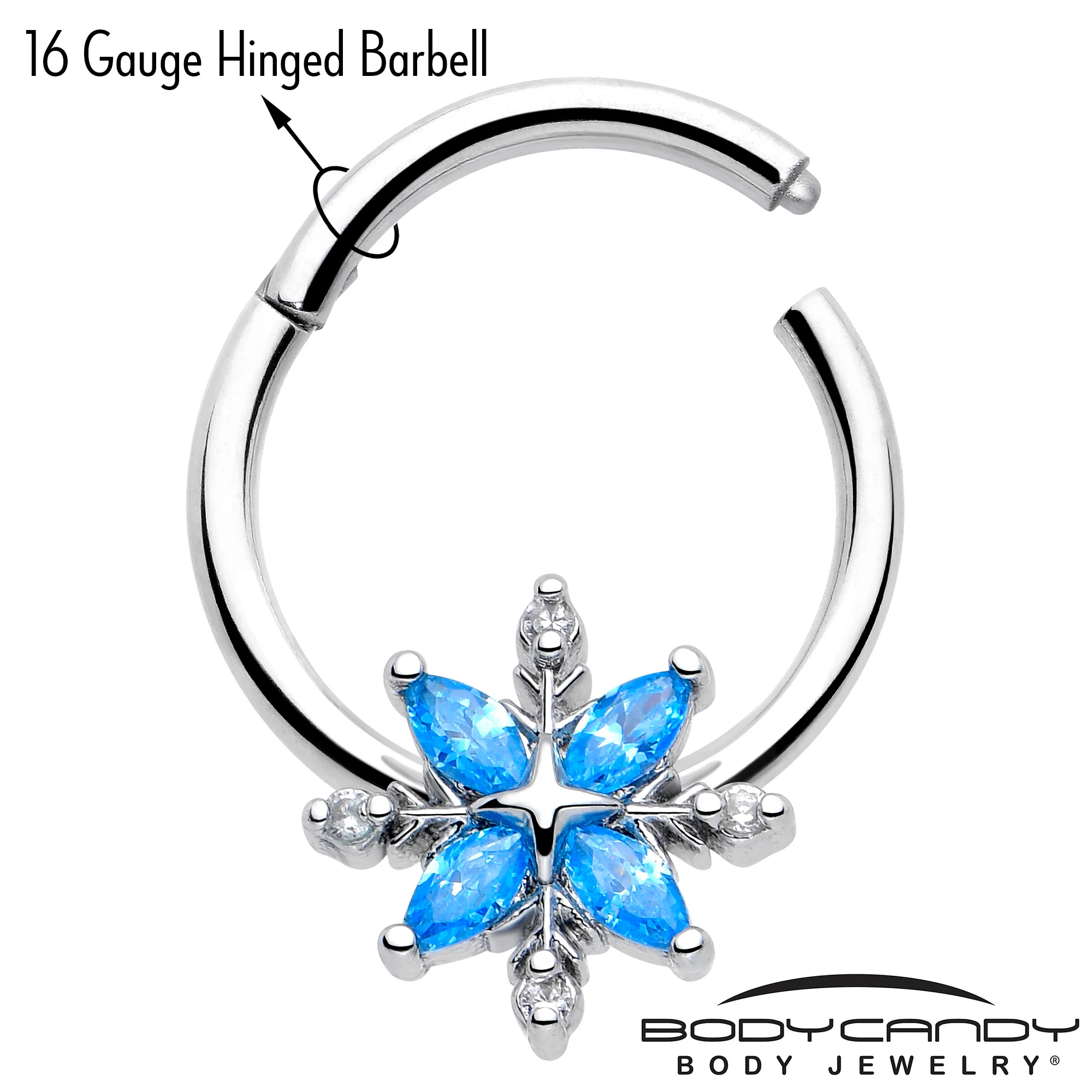 16G 3/8 Blue CZ Gem Classic Flower Hinged Segment Ring - Image 3