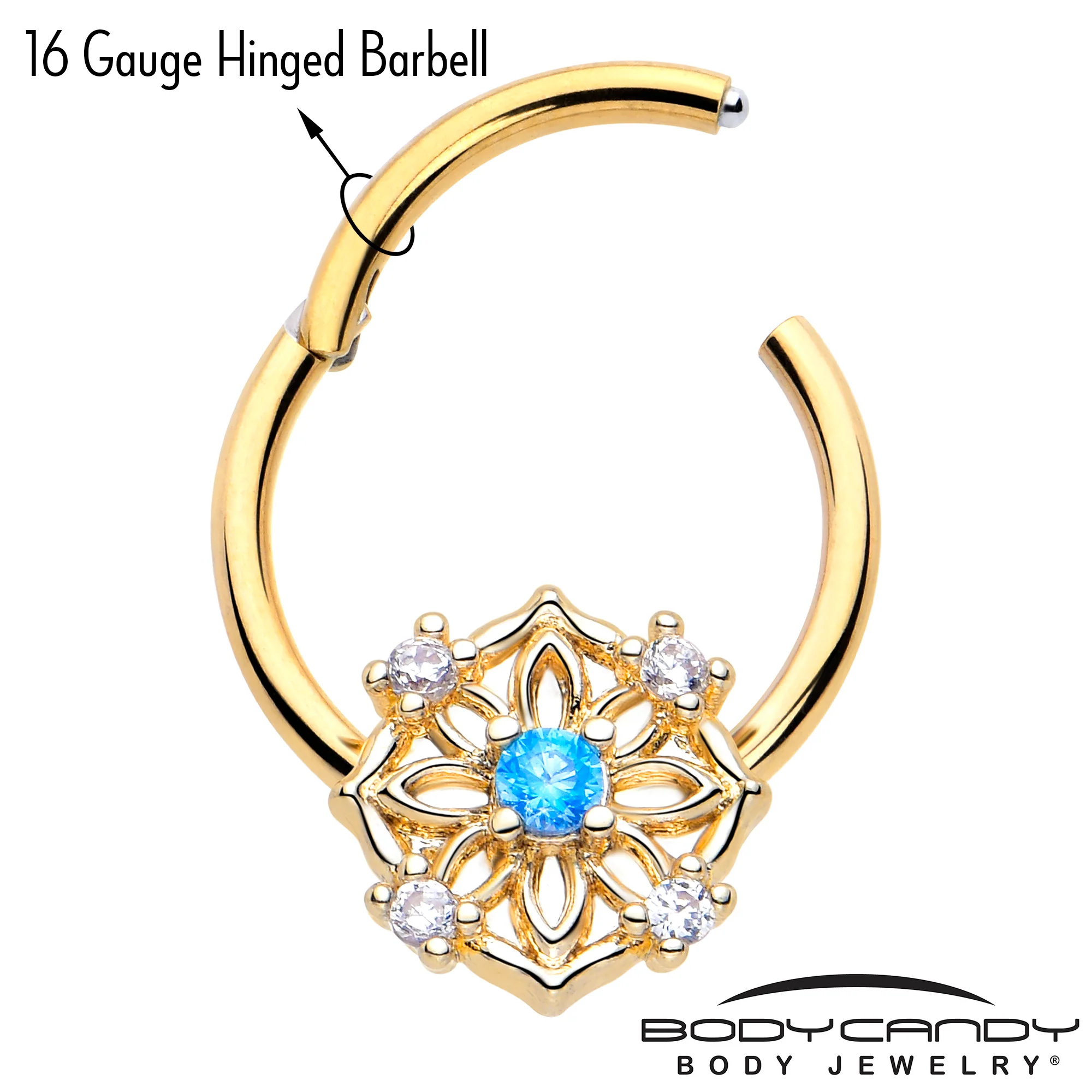 16G 3/8 Blue CZ Gem Gold Tone Flower Ring Hinged Segment Ring - Image 3