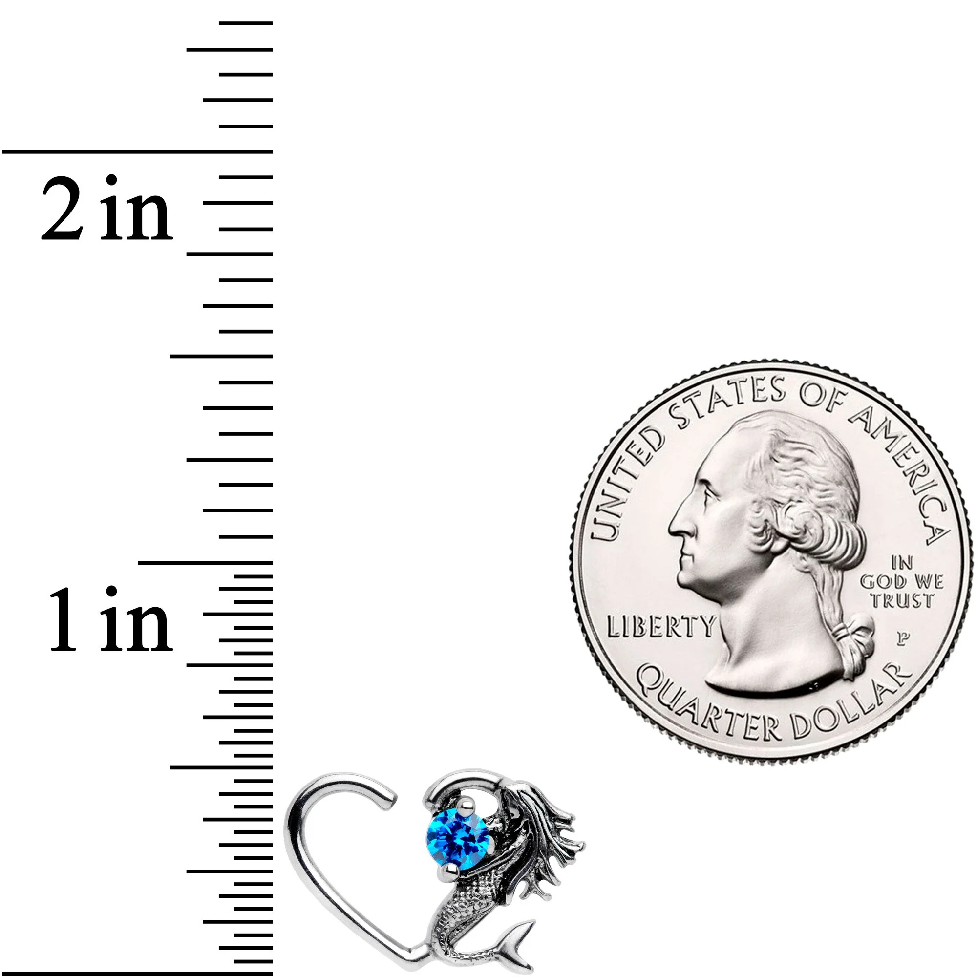 16G 3/8 Blue CZ Gem Mermaid Treasure Left Heart Closure Ring - Image 2