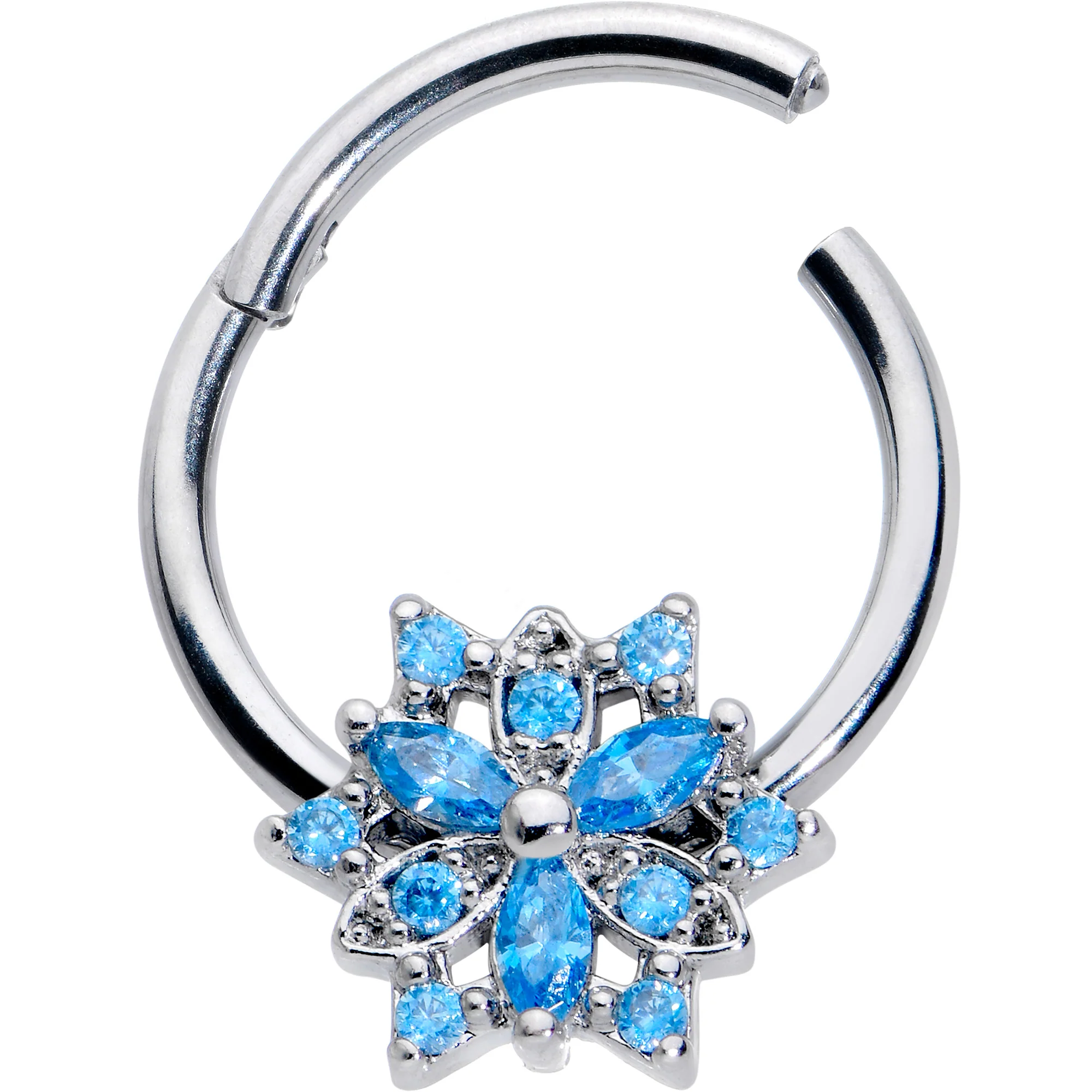 16G 3/8 Blue CZ Gem Snowflake Style Hinged Segment Ring - Image 2