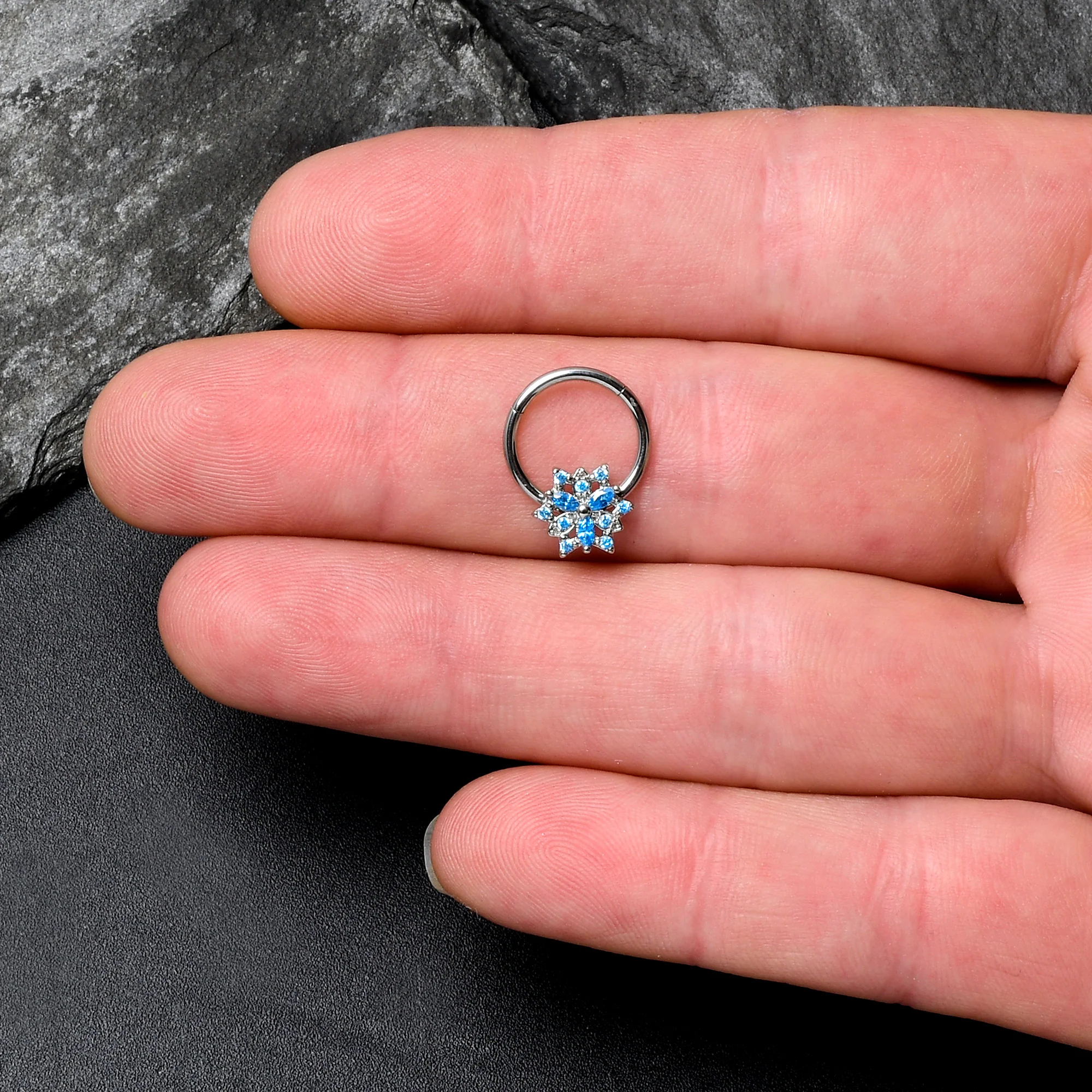 16G 3/8 Blue CZ Gem Snowflake Style Hinged Segment Ring - Image 3