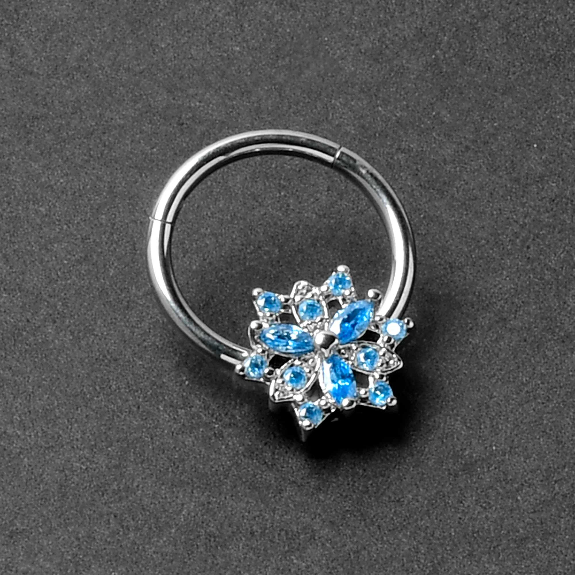 16G 3/8 Blue CZ Gem Snowflake Style Hinged Segment Ring - Image 5