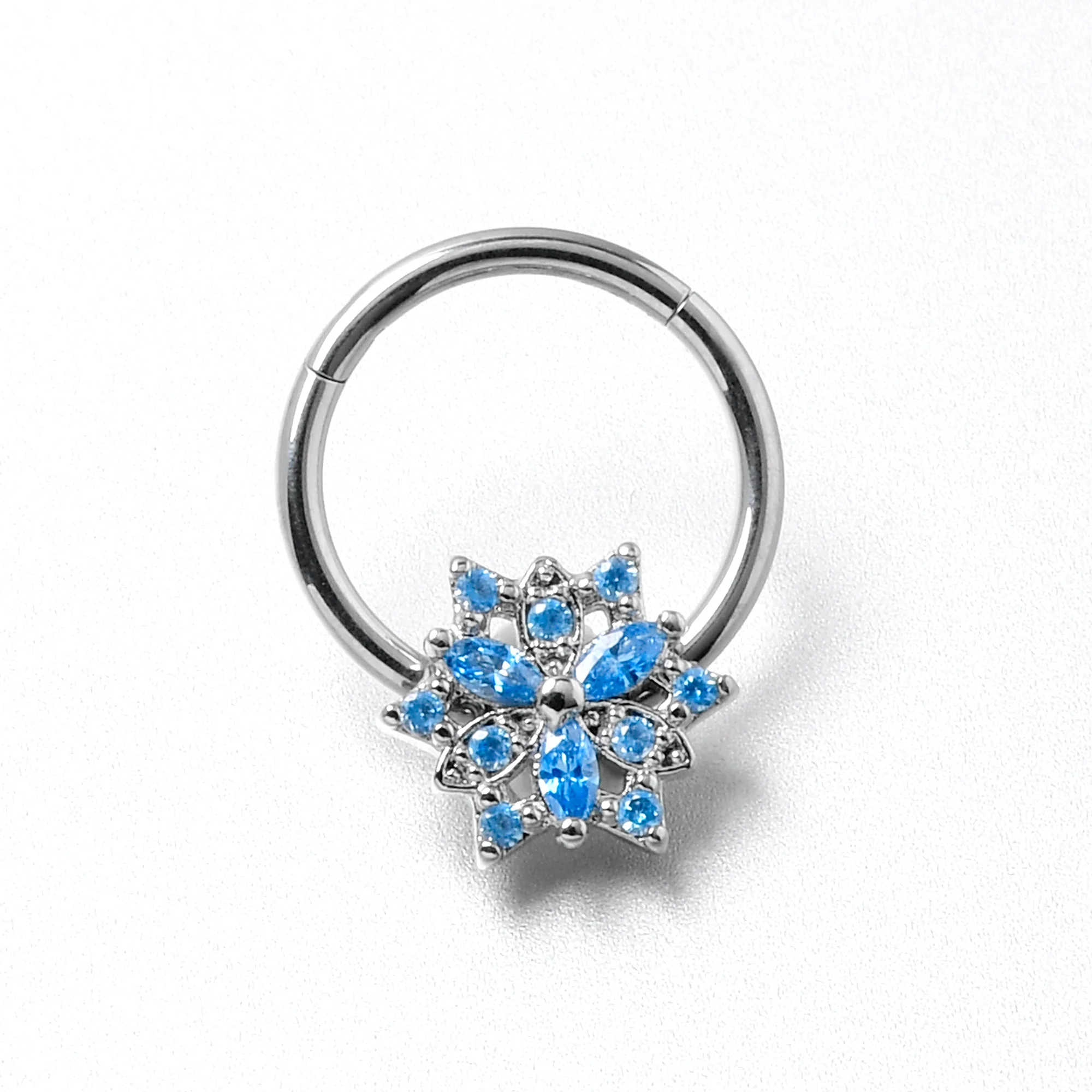 16G 3/8 Blue CZ Gem Snowflake Style Hinged Segment Ring - Image 6