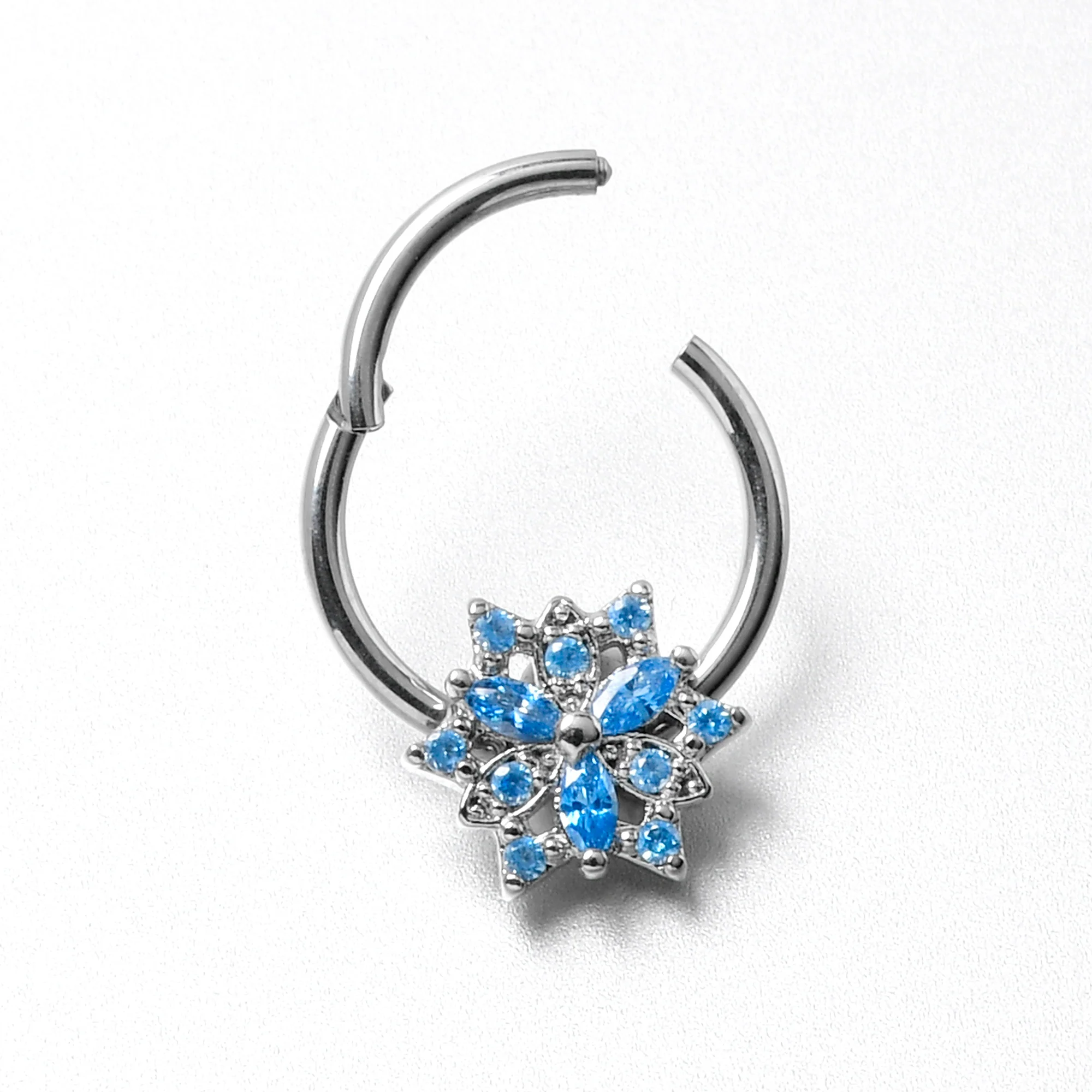16G 3/8 Blue CZ Gem Snowflake Style Hinged Segment Ring - Image 7