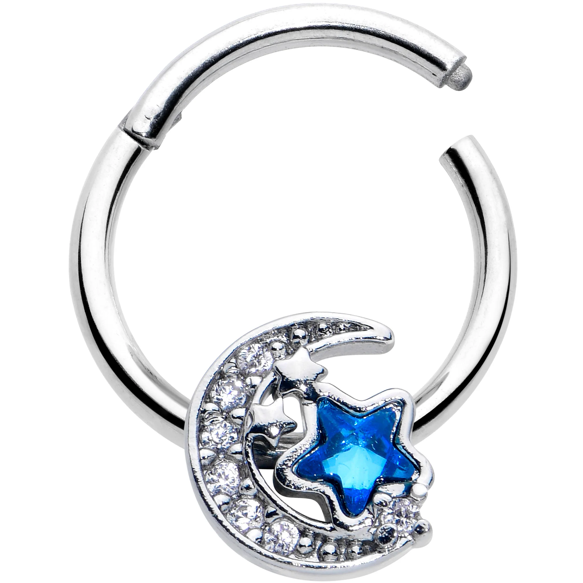 16G 3/8 Blue CZ Gem Starry Night Sky Hinged Segment Ring - Image 2