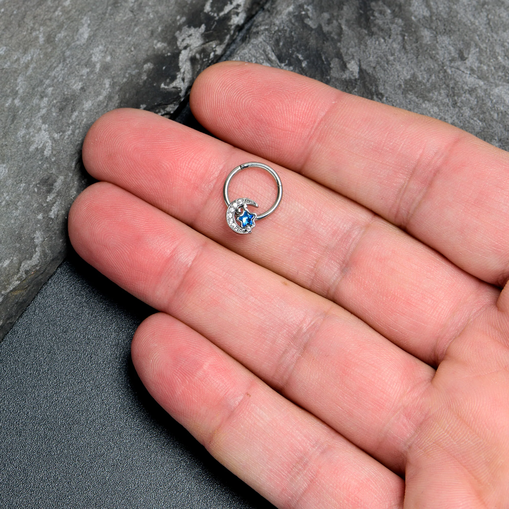 16G 3/8 Blue CZ Gem Starry Night Sky Hinged Segment Ring - Image 3