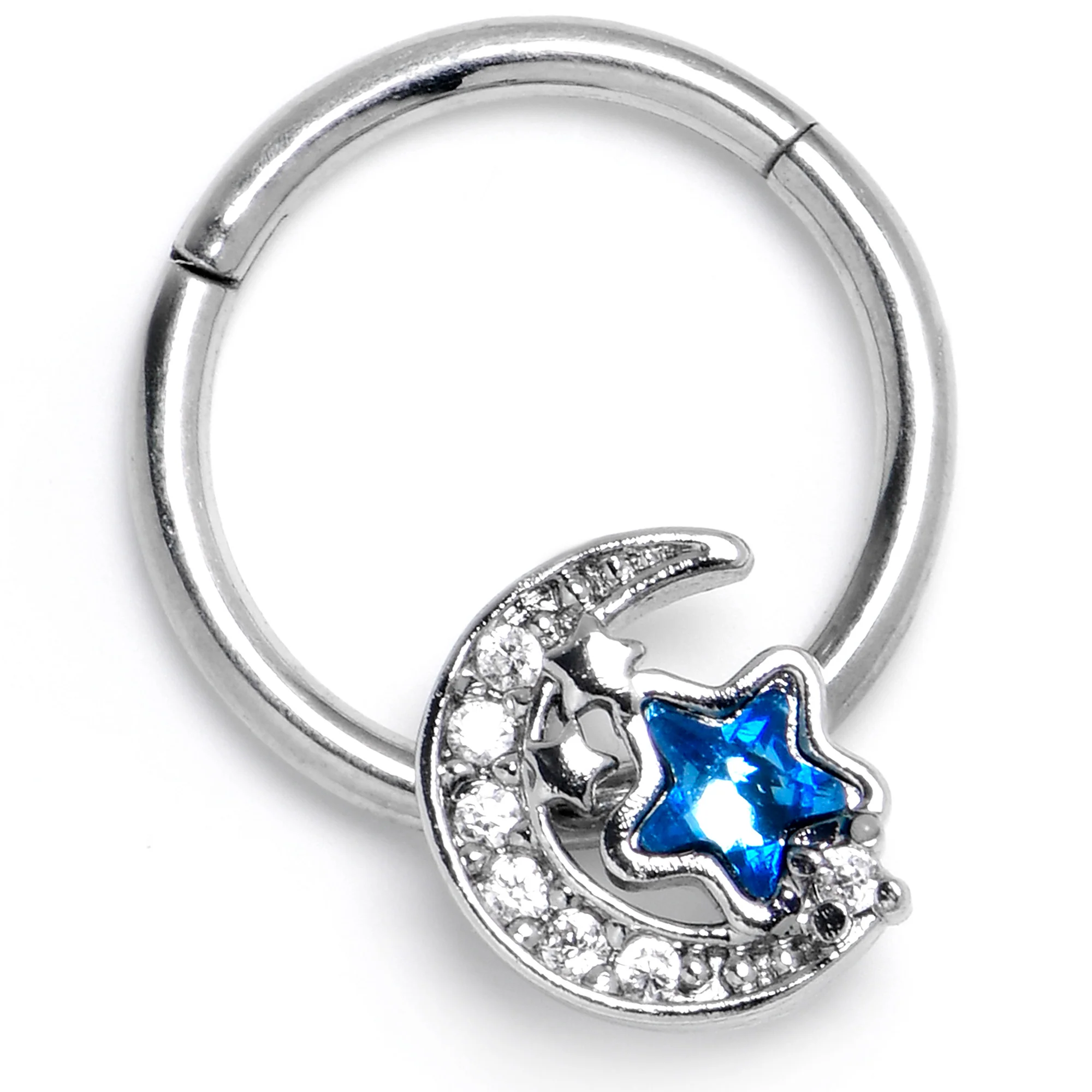 16G 3/8 Blue CZ Gem Starry Night Sky Hinged Segment Ring - Image 4