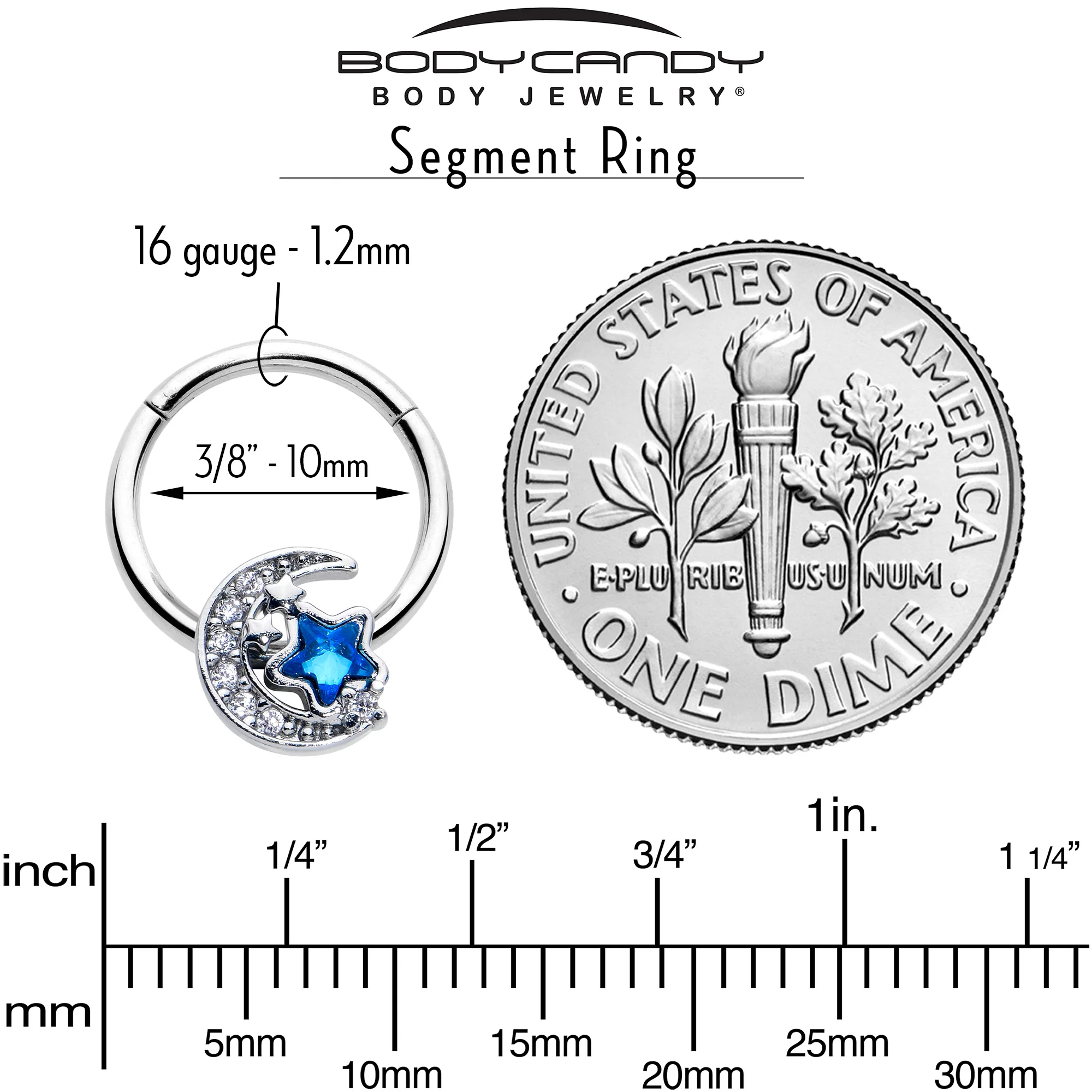 16G 3/8 Blue CZ Gem Starry Night Sky Hinged Segment Ring - Image 6