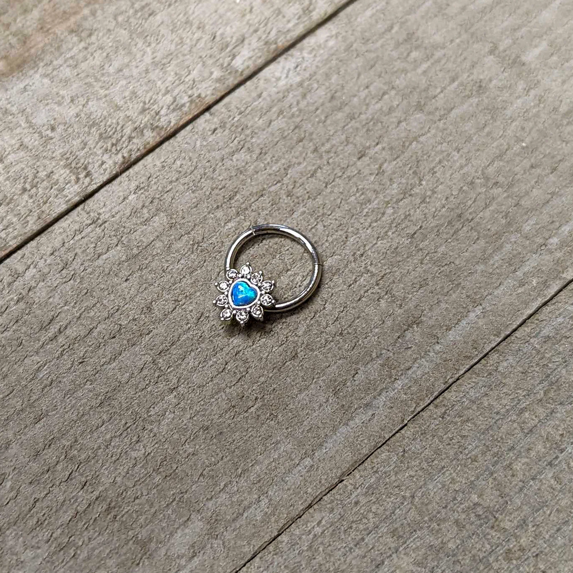 16G 3/8 Blue Faux Opal Heart Sun Hinged Segment Ring - Image 4