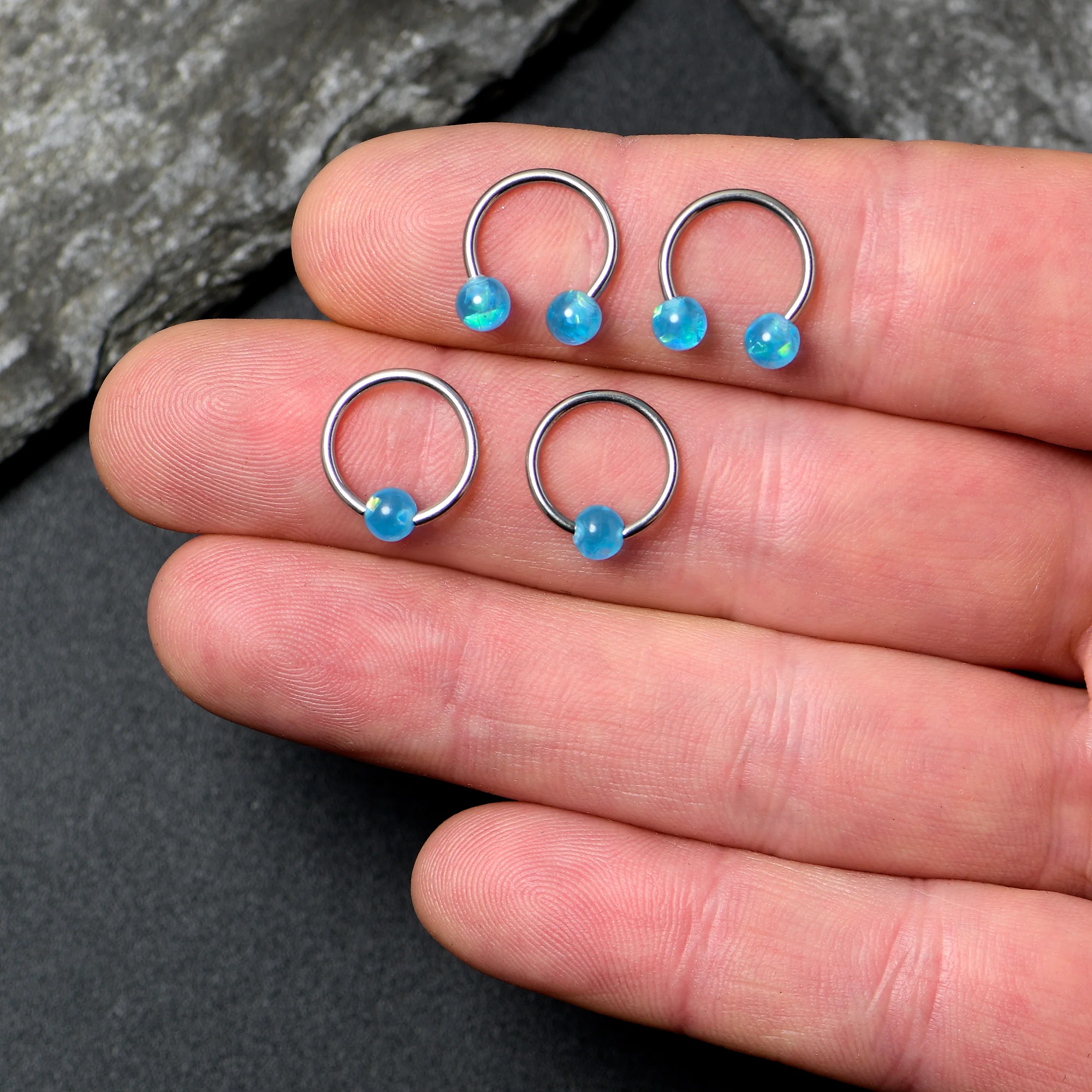 16G 3/8 Blue Faux Opal Horseshoe BCR Captive Ring Set of 4 - Image 4