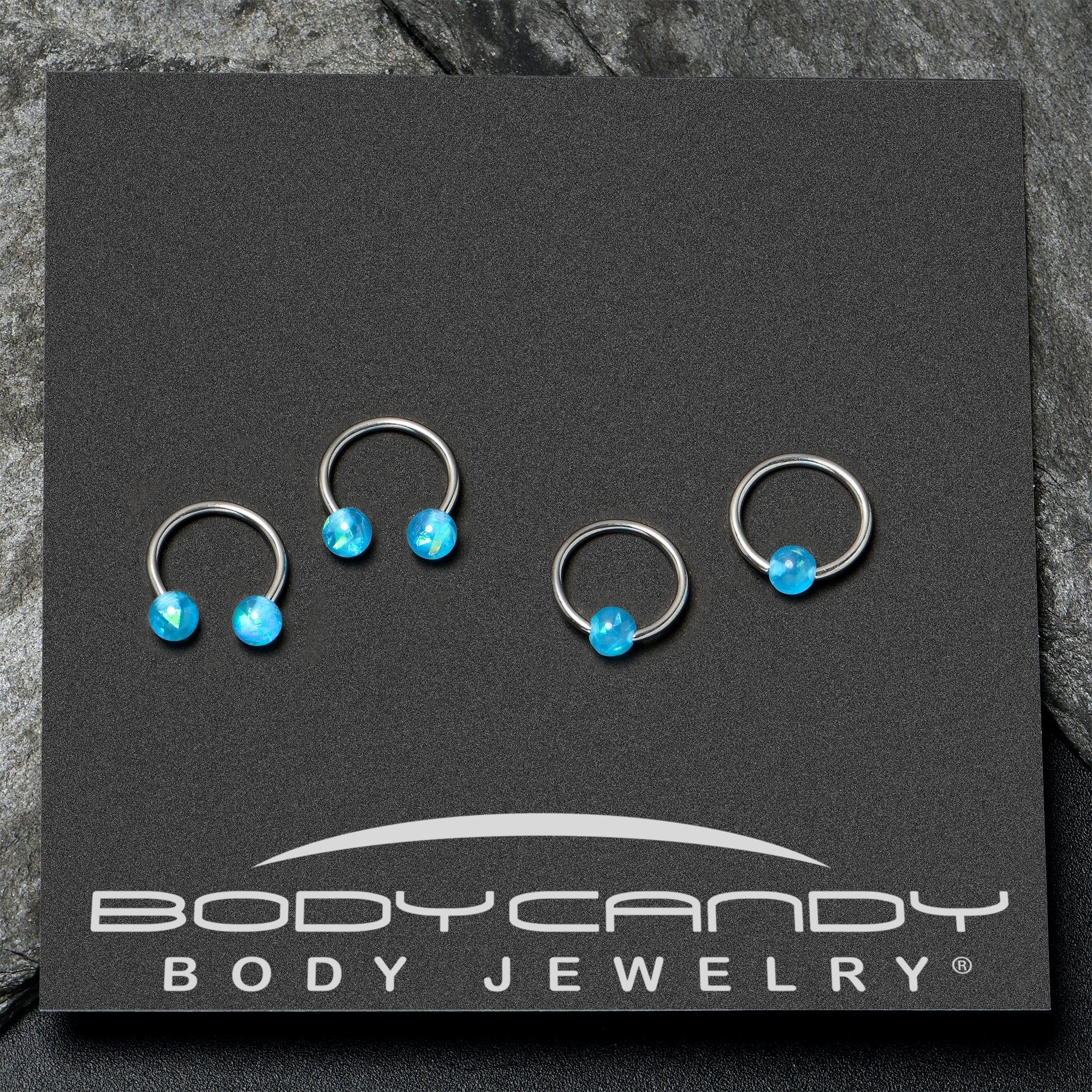 16G 3/8 Blue Faux Opal Horseshoe BCR Captive Ring Set of 4 - Image 6
