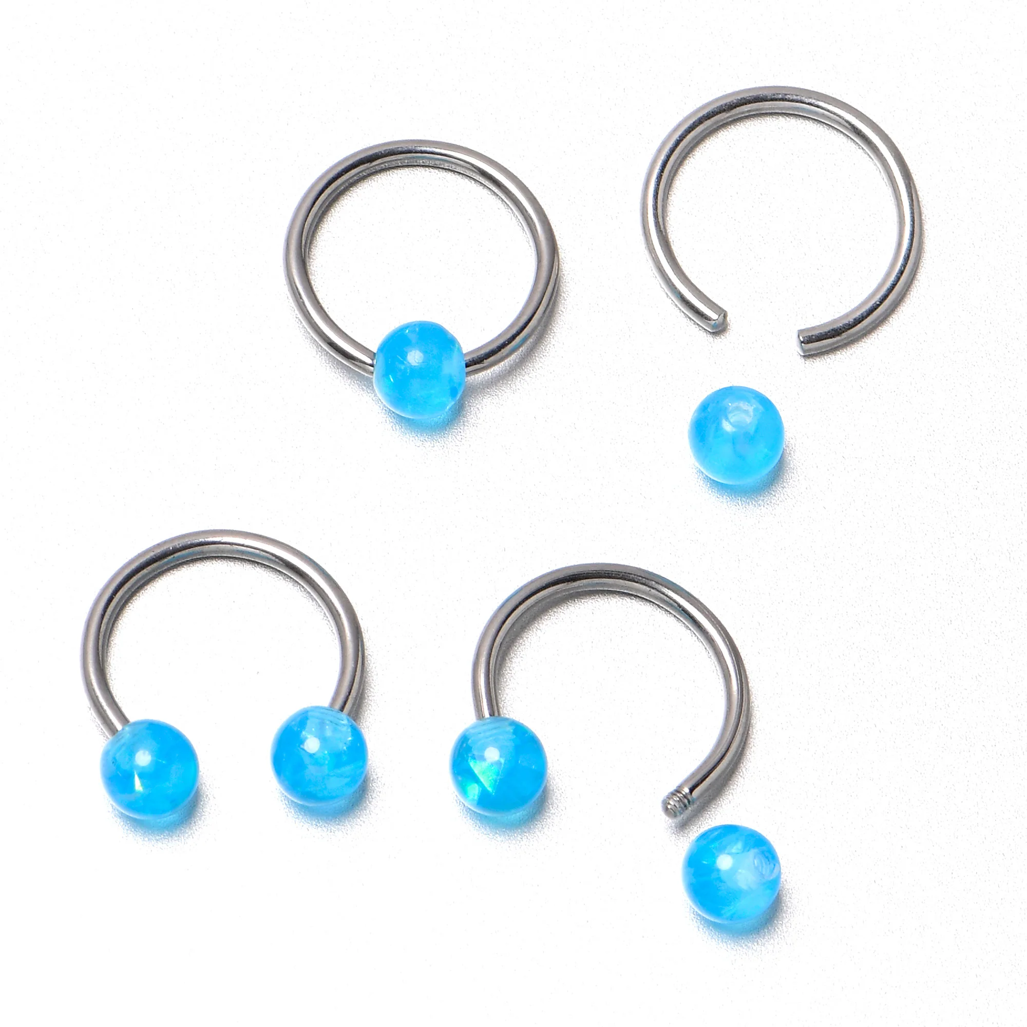 16G 3/8 Blue Faux Opal Horseshoe BCR Captive Ring Set of 4 - Image 8
