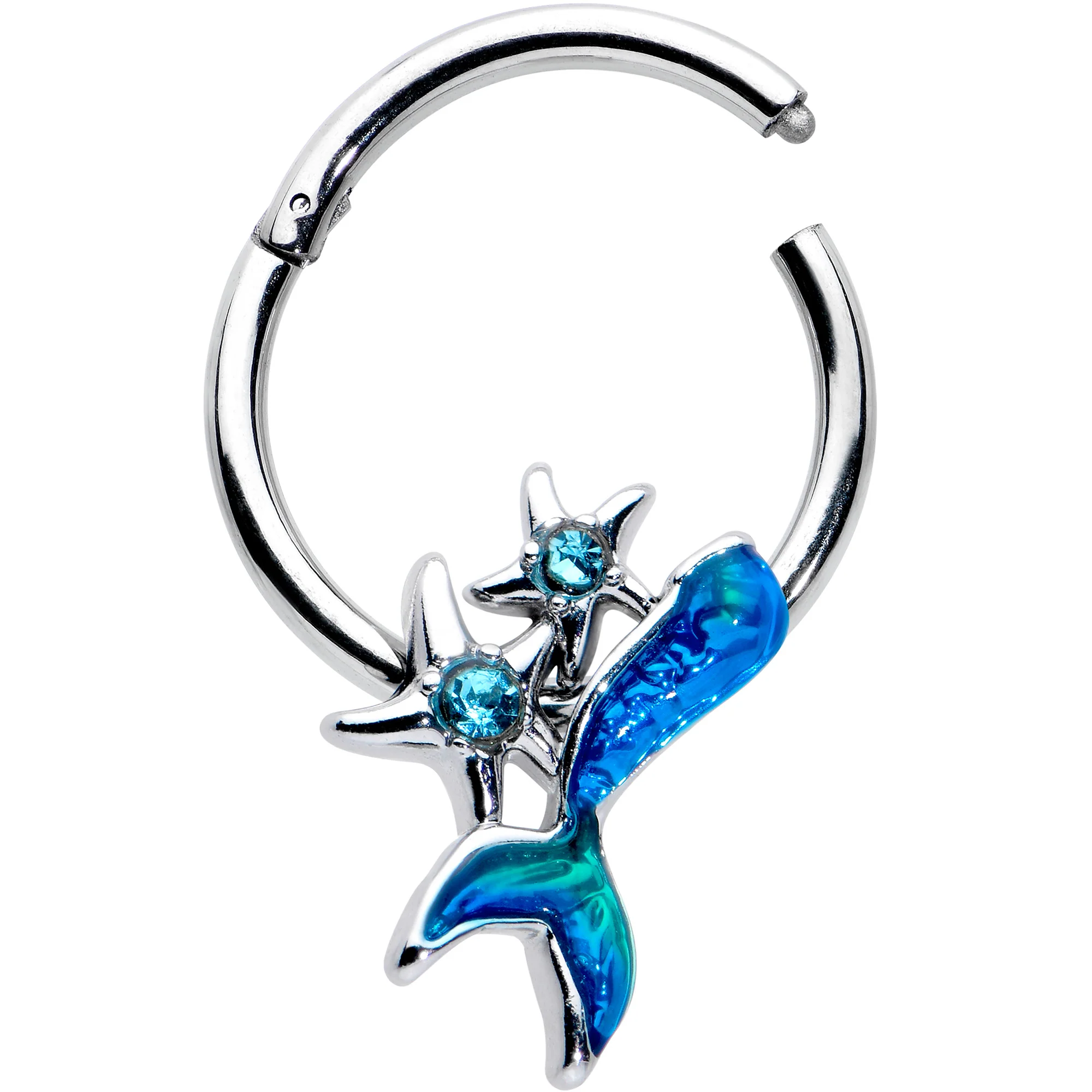 16G 3/8 Blue Gem Blue Mermaid Tail Stars Hinged Segment Ring - Image 2