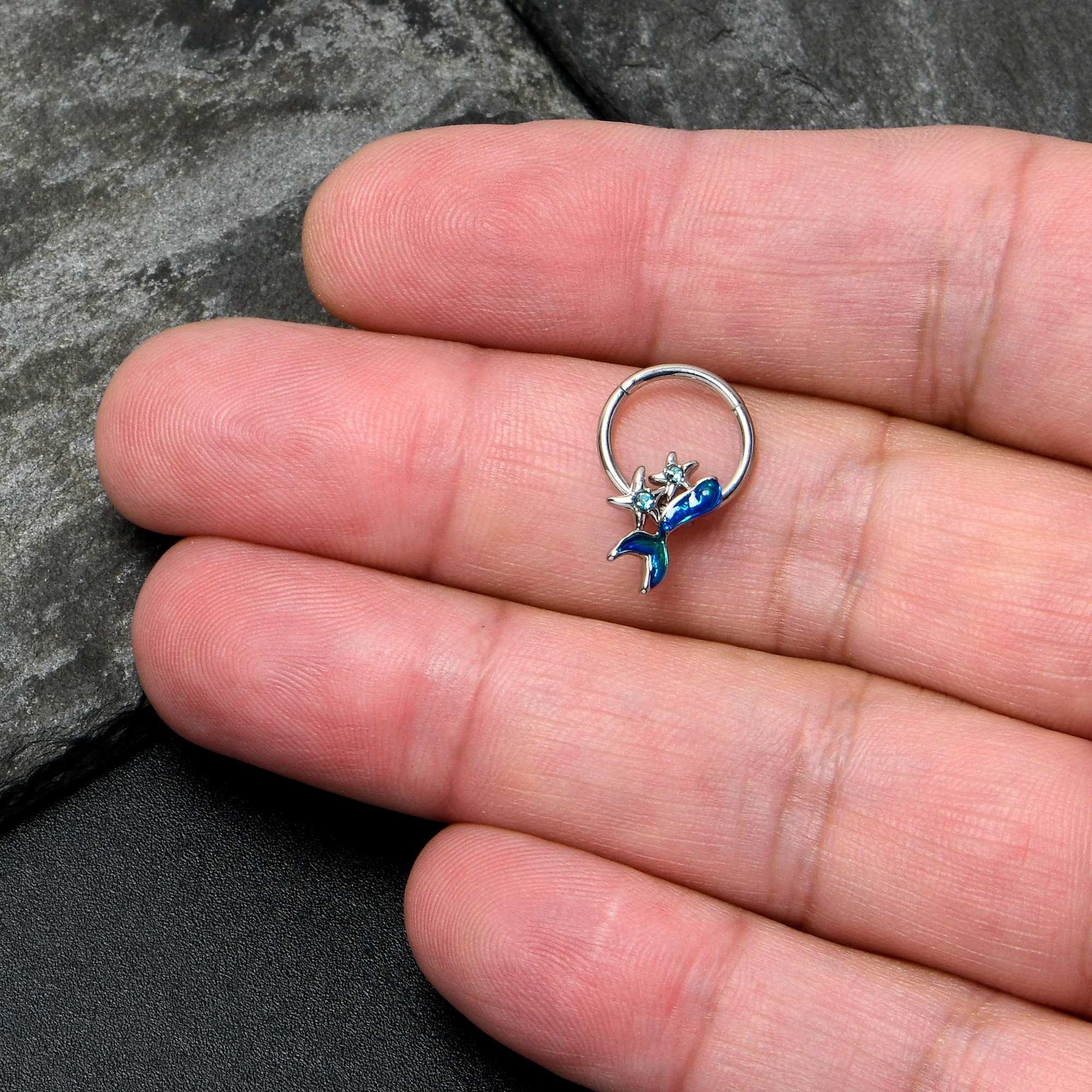 16G 3/8 Blue Gem Blue Mermaid Tail Stars Hinged Segment Ring - Image 3