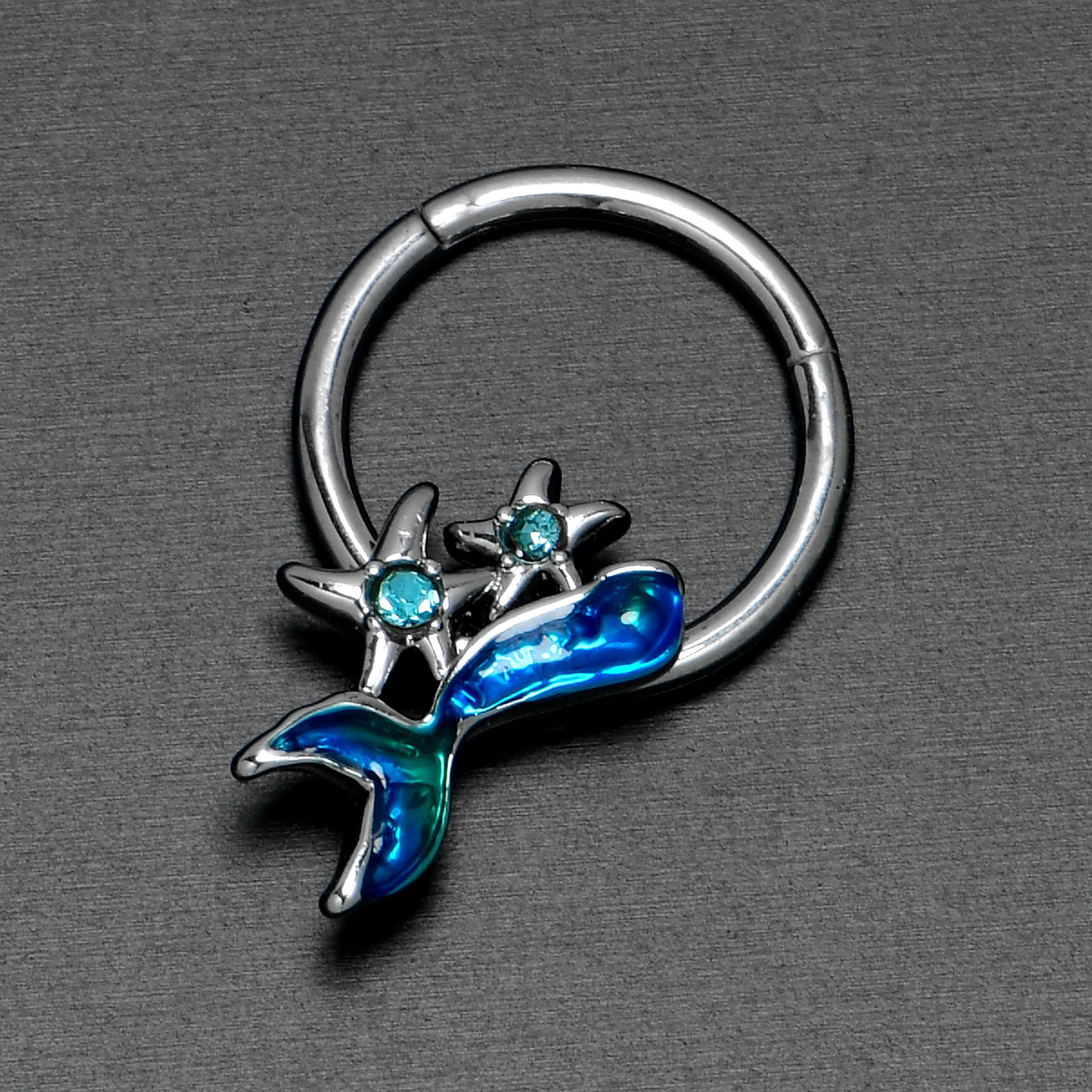 16G 3/8 Blue Gem Blue Mermaid Tail Stars Hinged Segment Ring - Image 6
