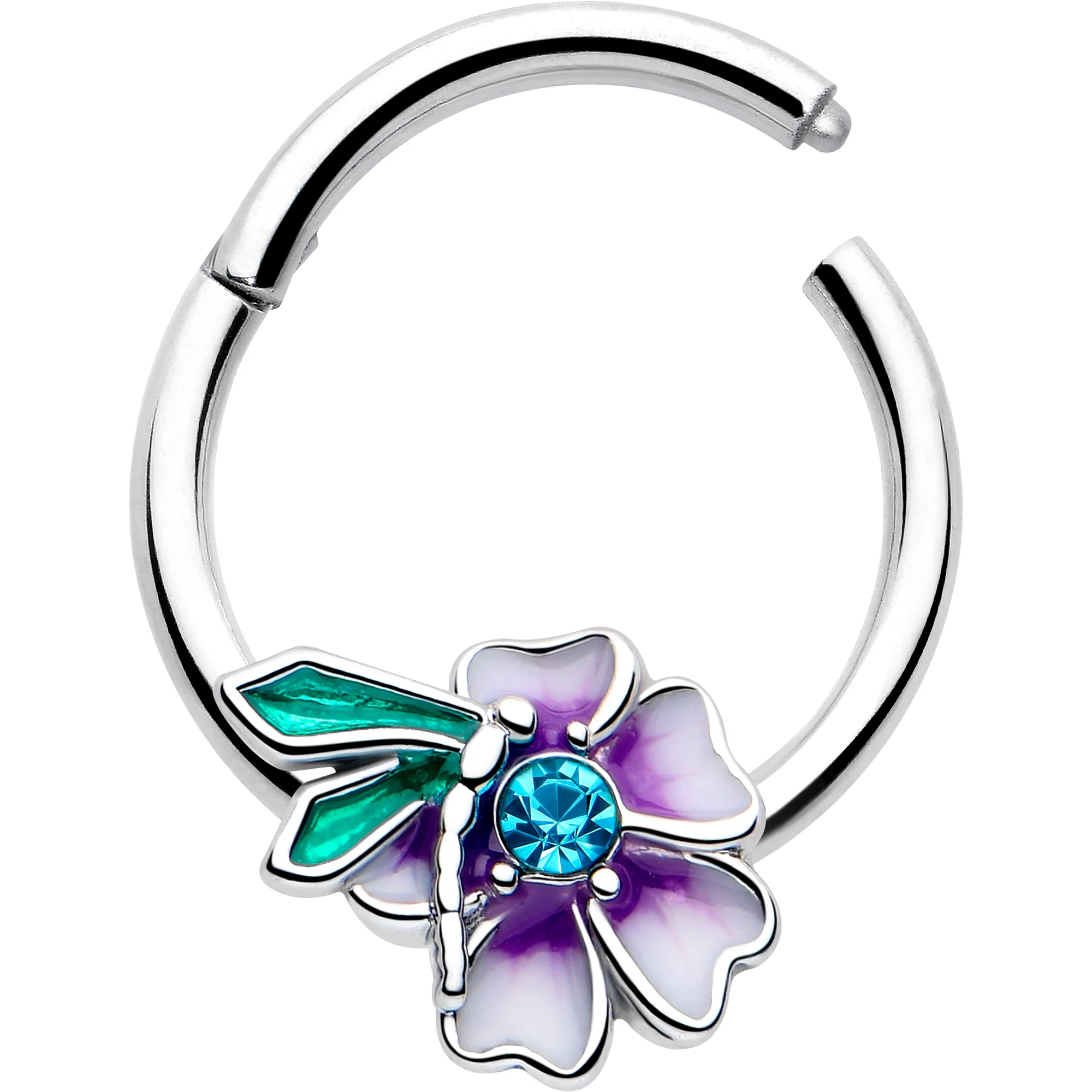 16G 3/8 Blue Gem Faerie Flower Purple Hinged Segment Ring - Image 2