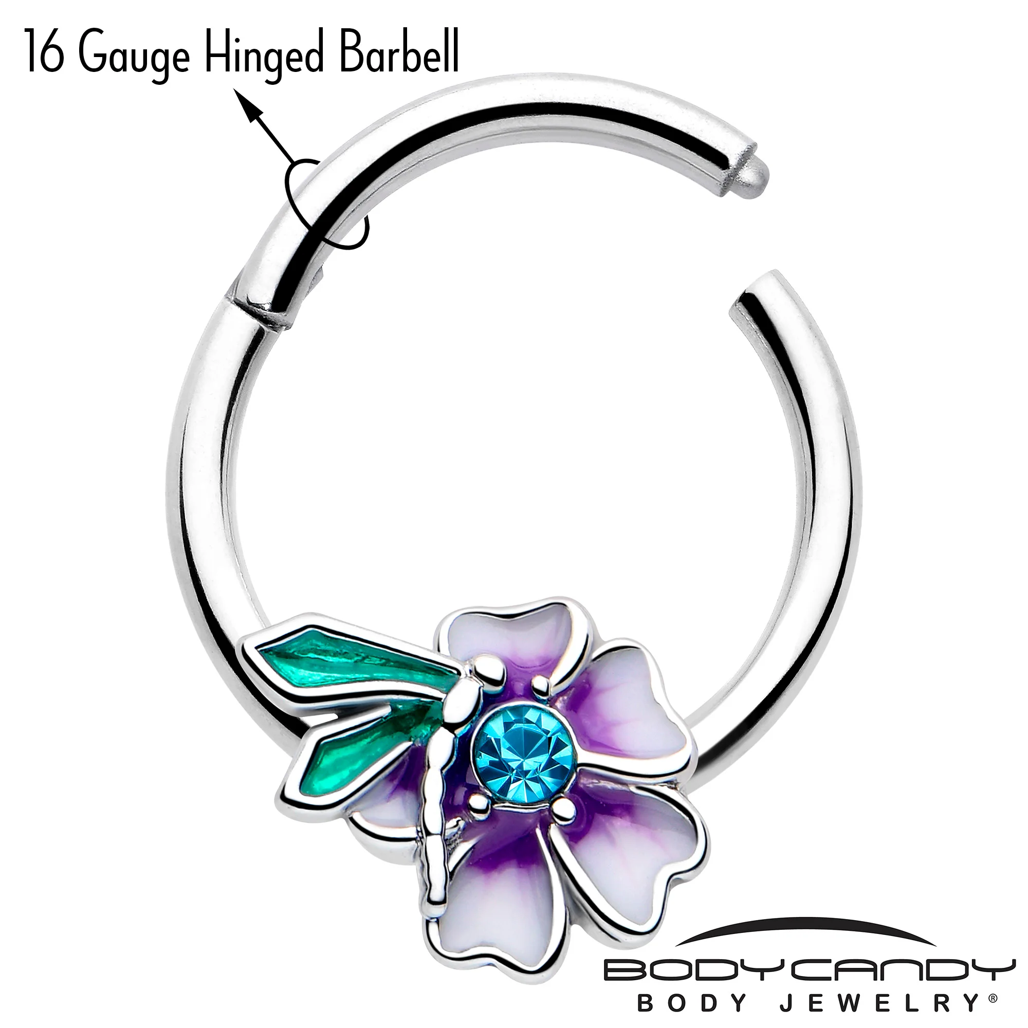 16G 3/8 Blue Gem Faerie Flower Purple Hinged Segment Ring - Image 3