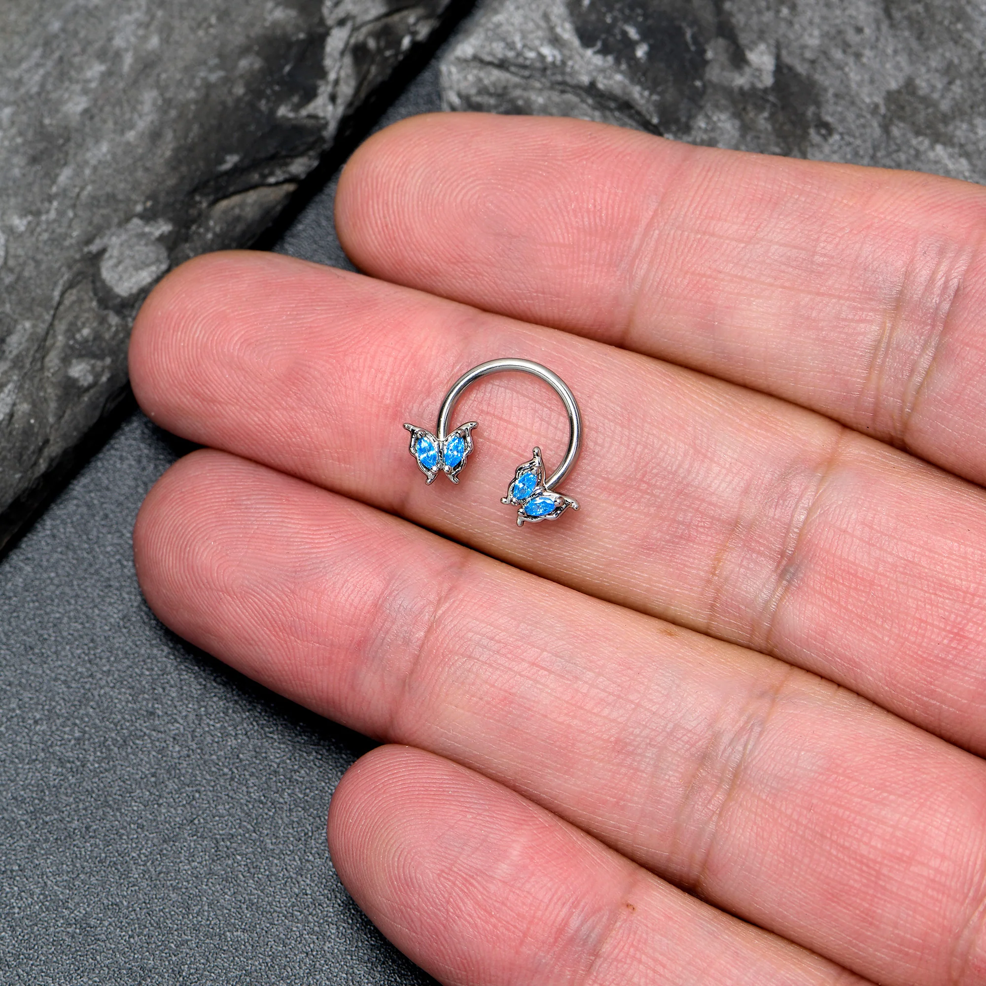 16G 3/8 Blue Gem Fancy Fab Butterfly Horseshoe Circular Barbell - Image 2