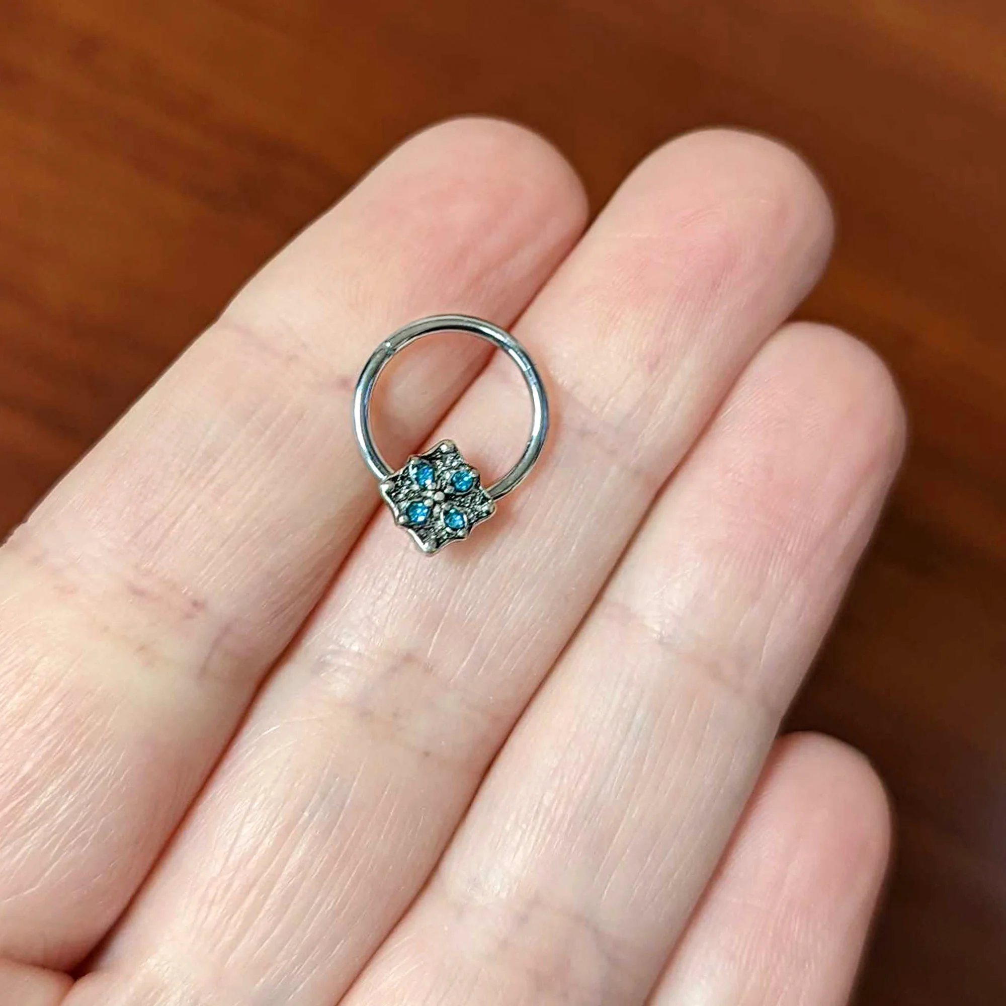 16G 3/8 Blue Gem Floral Rhombus Baroque Hinged Segment Ring - Image 4