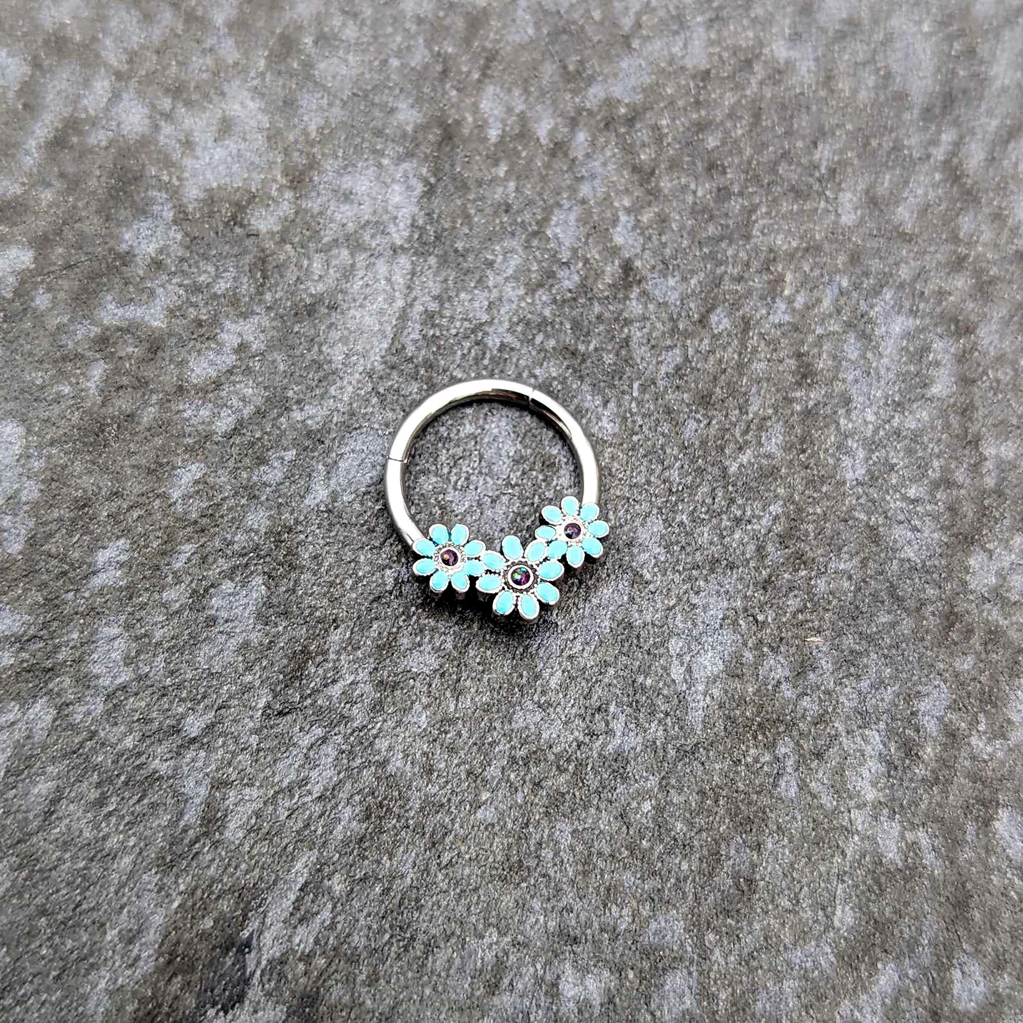 16G 3/8 Blue Gem Flower Trio Teal Petals Hinged Segment Ring - Image 4
