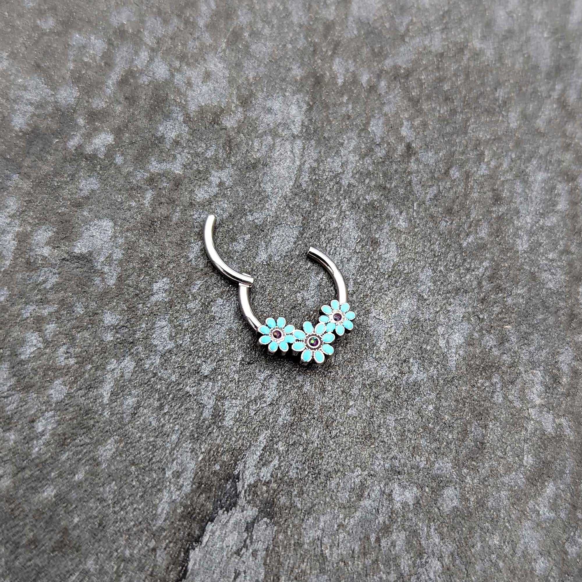 16G 3/8 Blue Gem Flower Trio Teal Petals Hinged Segment Ring - Image 5