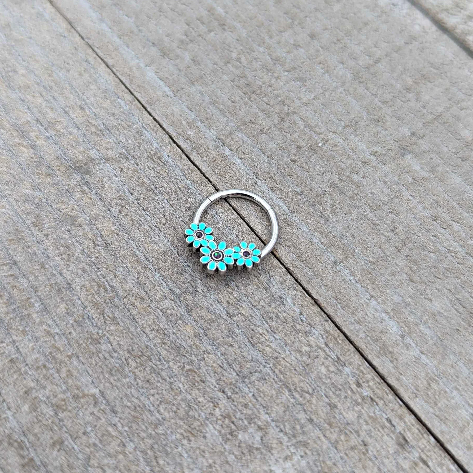 16G 3/8 Blue Gem Flower Trio Teal Petals Hinged Segment Ring - Image 6