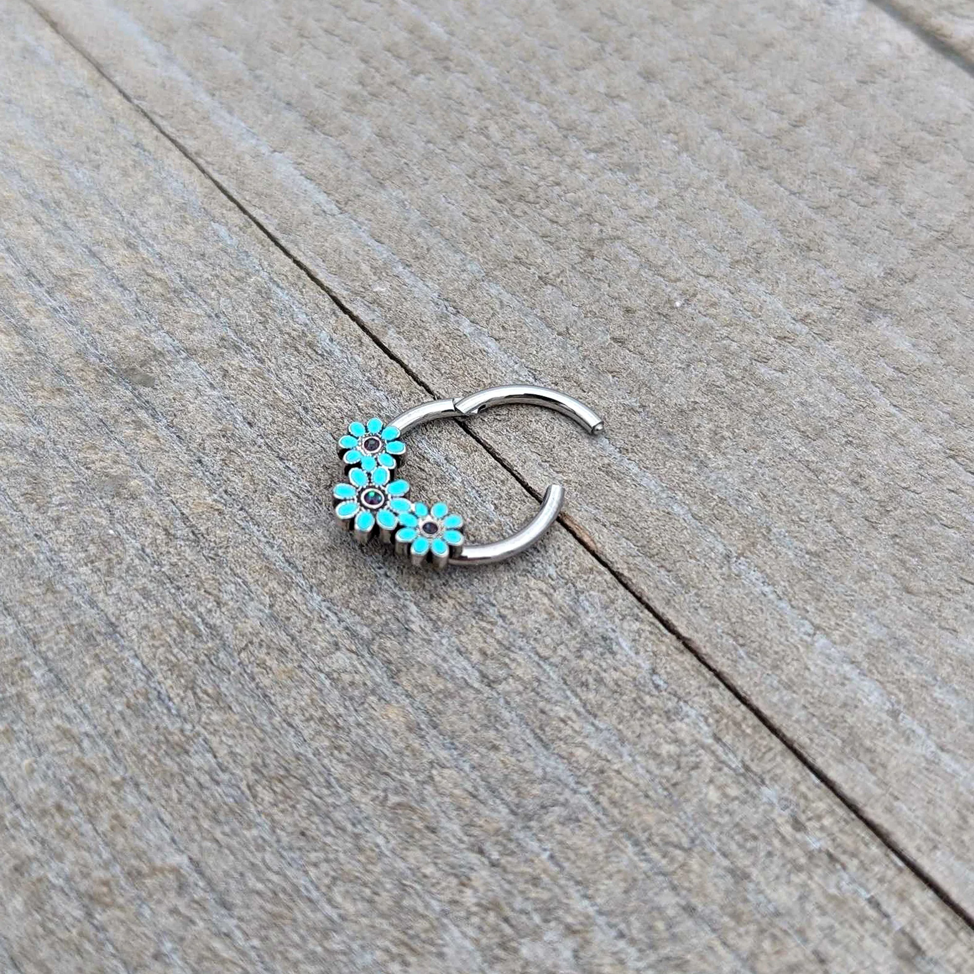 16G 3/8 Blue Gem Flower Trio Teal Petals Hinged Segment Ring - Image 7