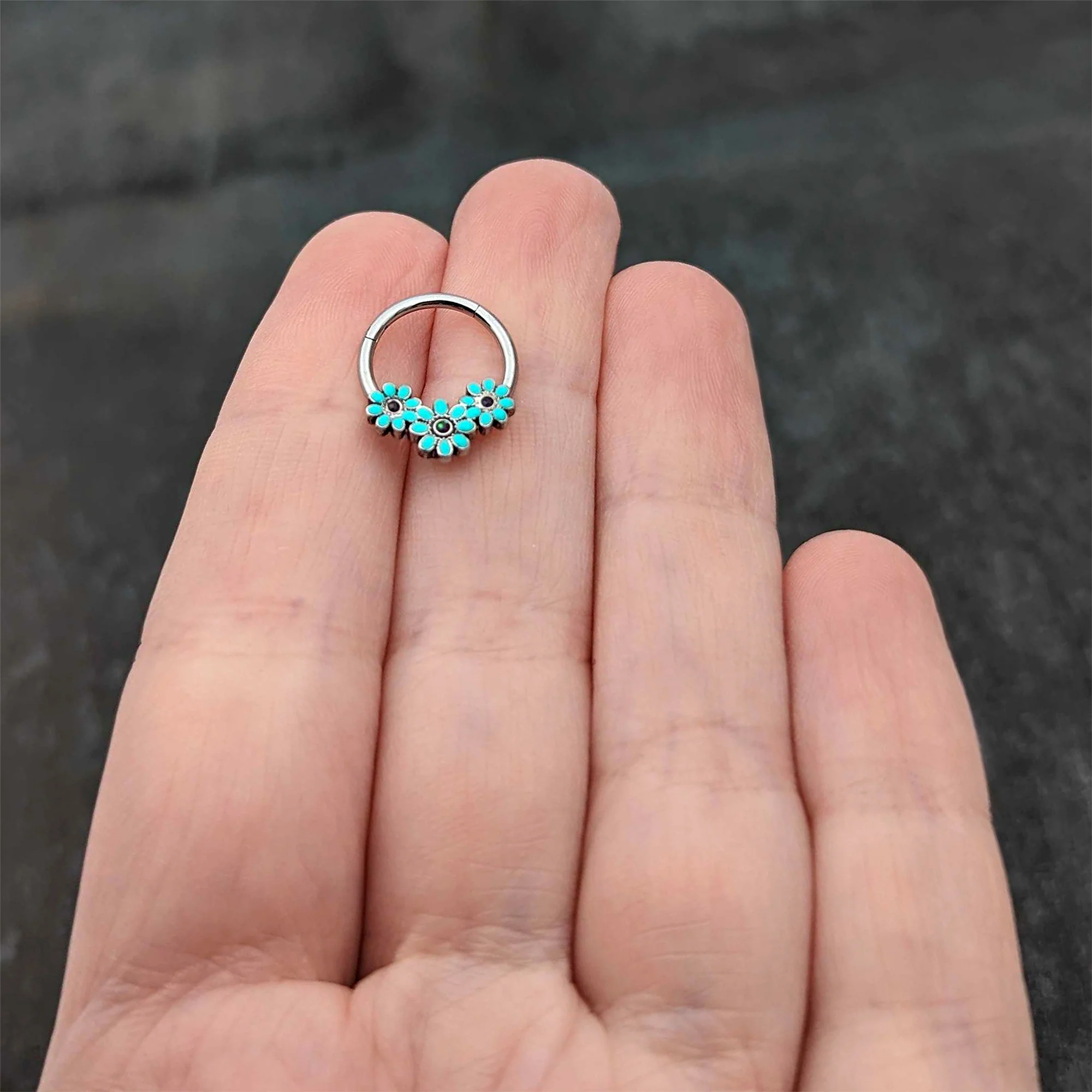 16G 3/8 Blue Gem Flower Trio Teal Petals Hinged Segment Ring - Image 8