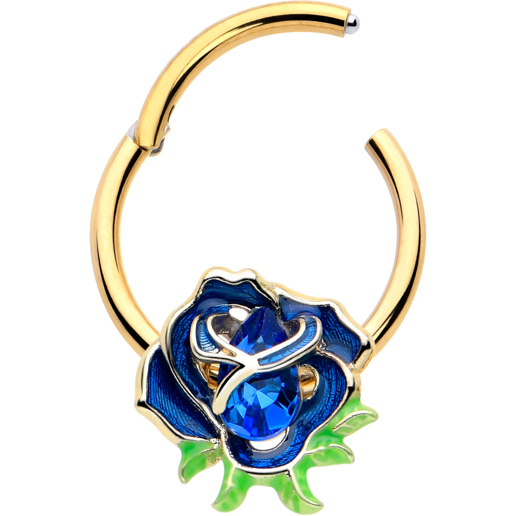 16G 3/8 Blue Gem Gold Tone Deep Blue Flower Hinged Segment Ring - Image 2