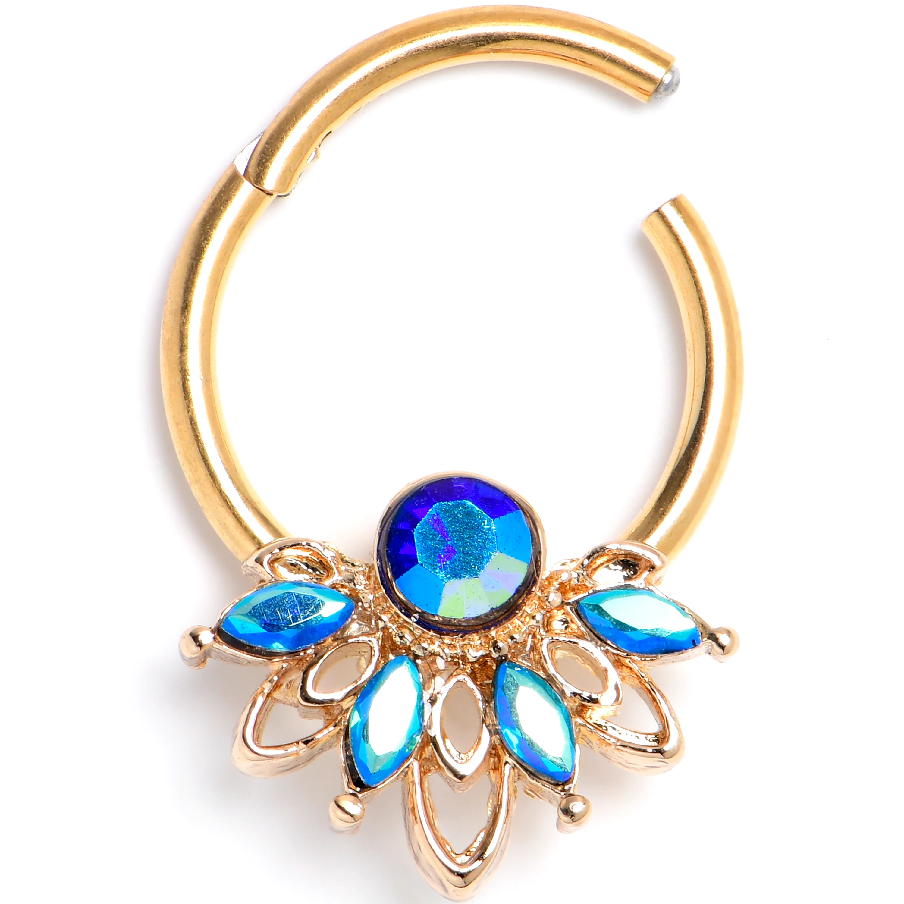 16G 3/8 Blue Gem Gold Tone Filigree Tiara Hinged Segment Ring